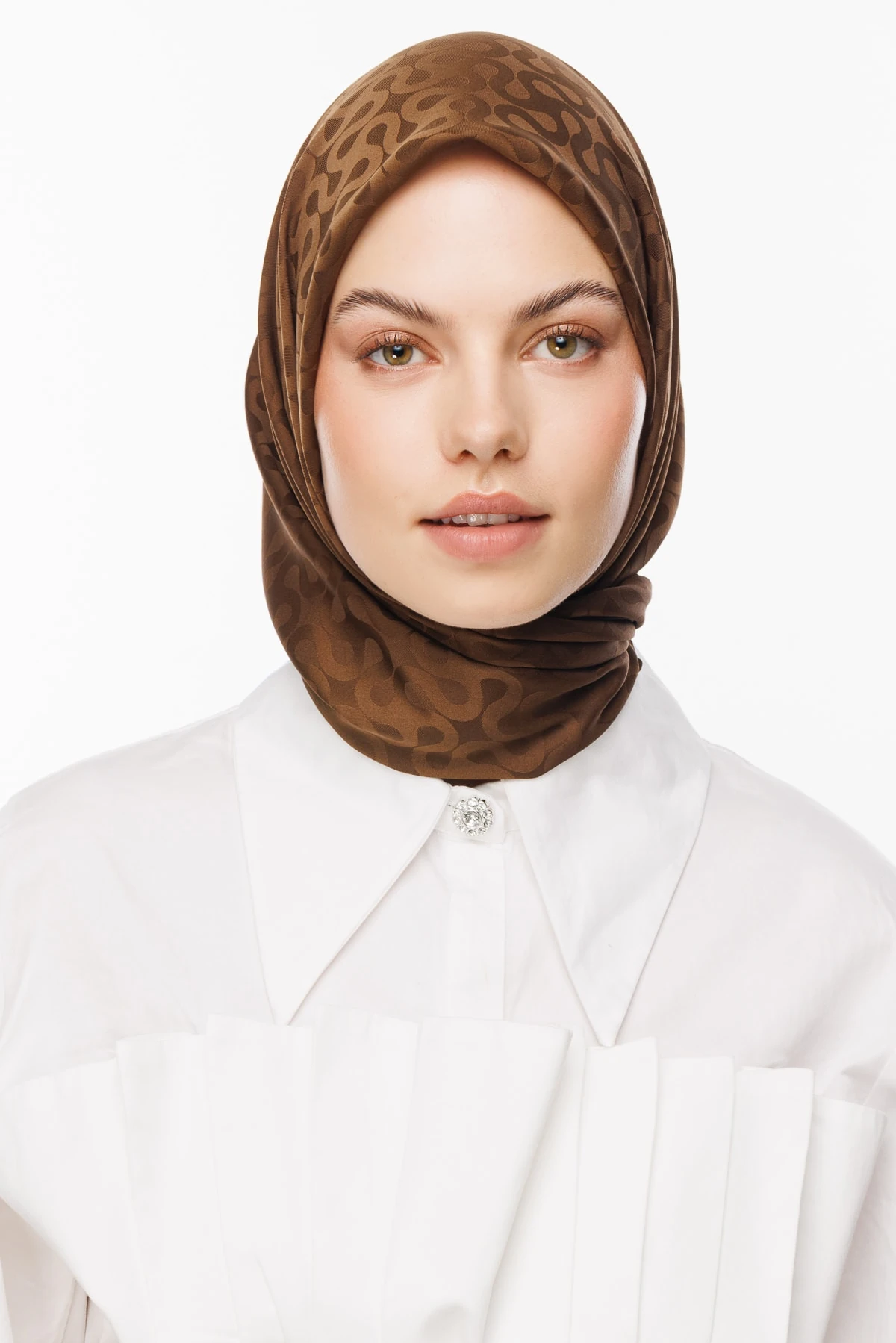 Toptan Moon Desen İpeksi Jakar Eşarp - Kahverengi