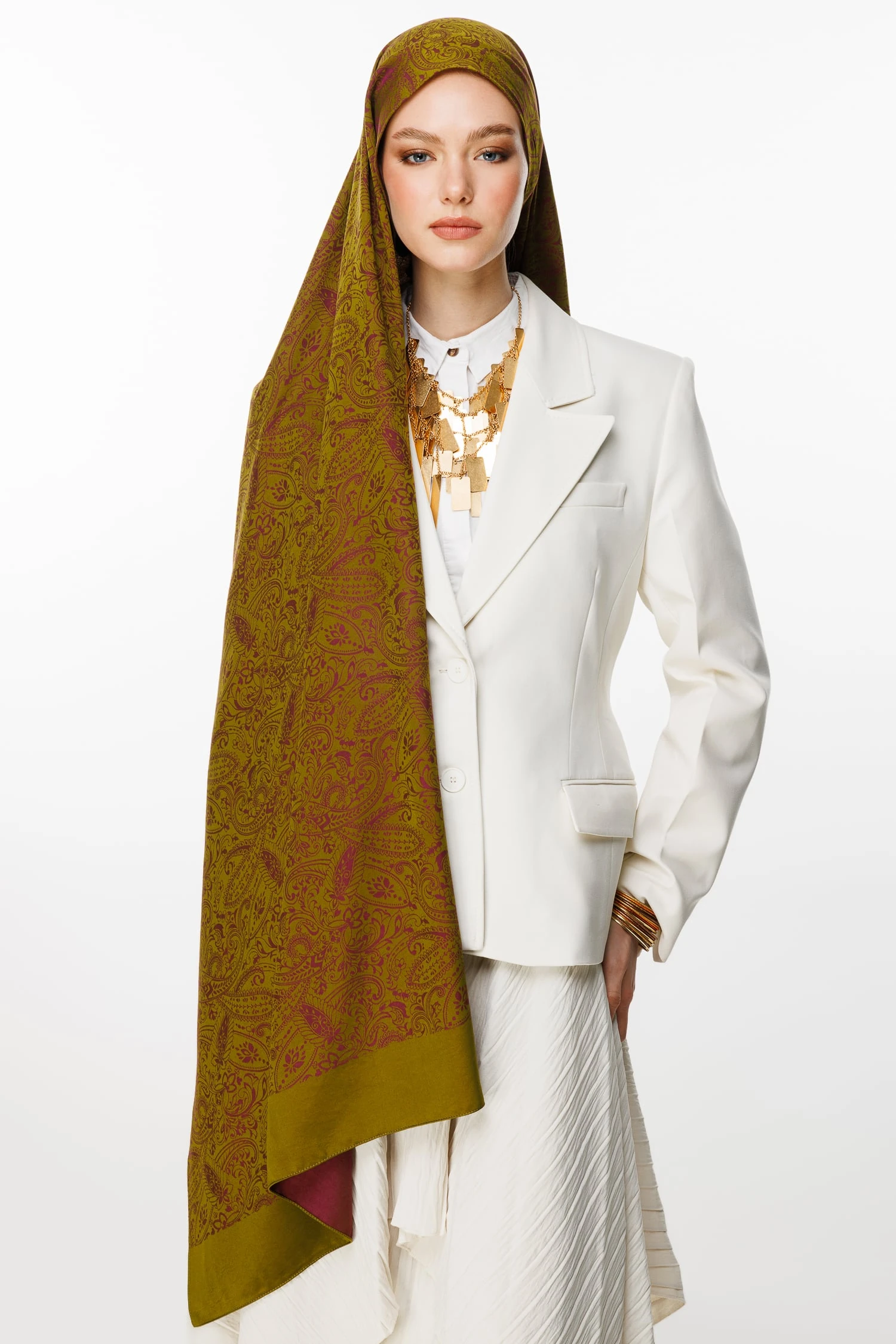 Toptan Velora Desen Çift Taraflı Şal - Yağ Yeşili-Mürdüm