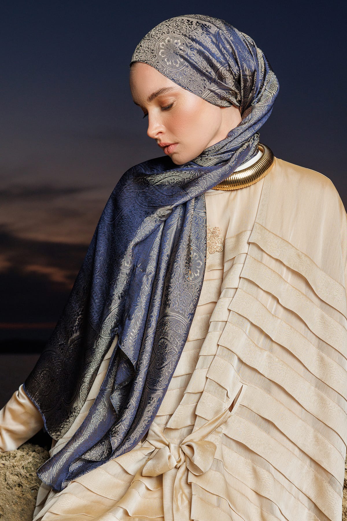 Toptan Vera Desen Shine Line Şal - Lacivert-Bej