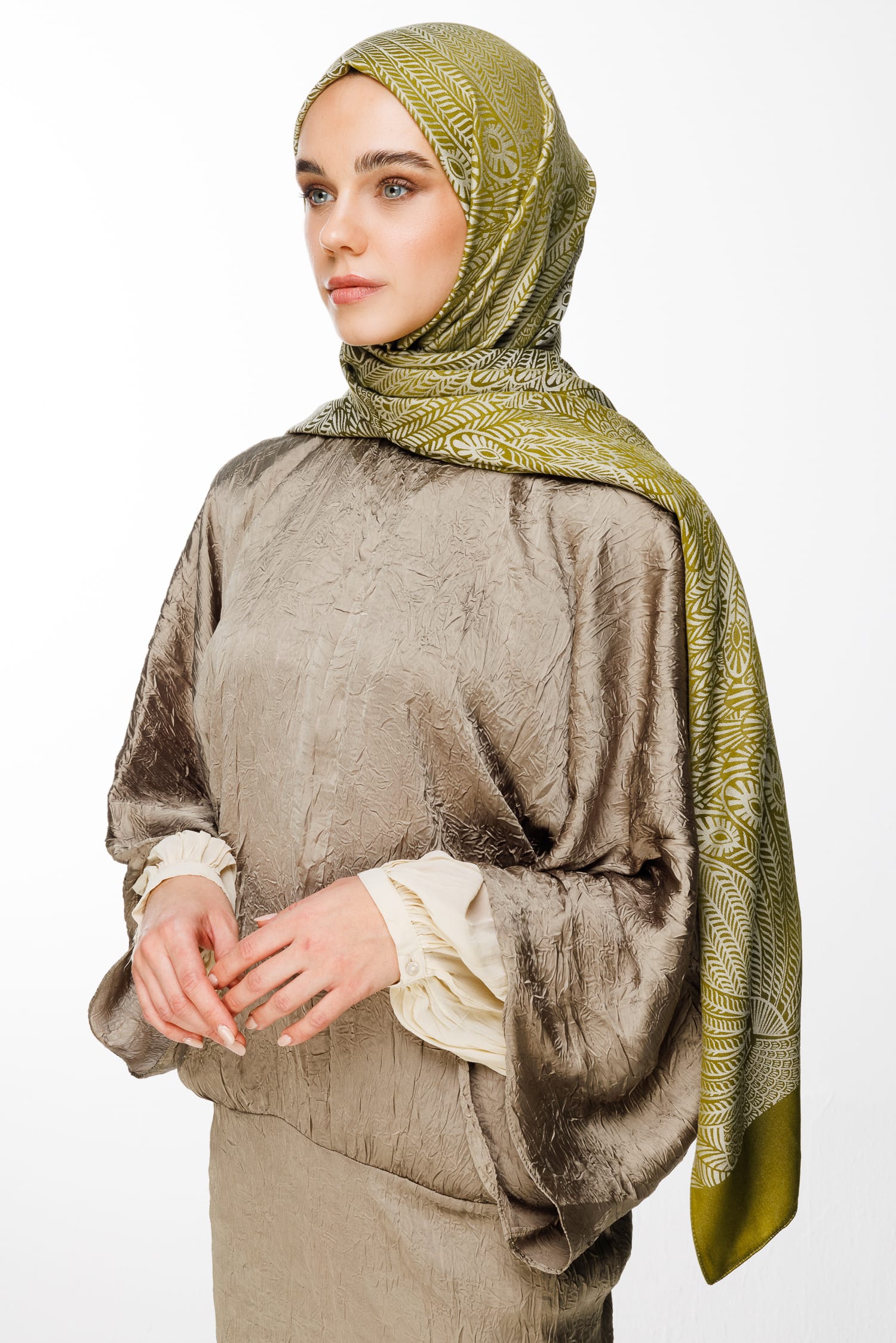 Toptan Mayra Desen Çift Taraflı Şal - Yağ Yeşili-Ekru