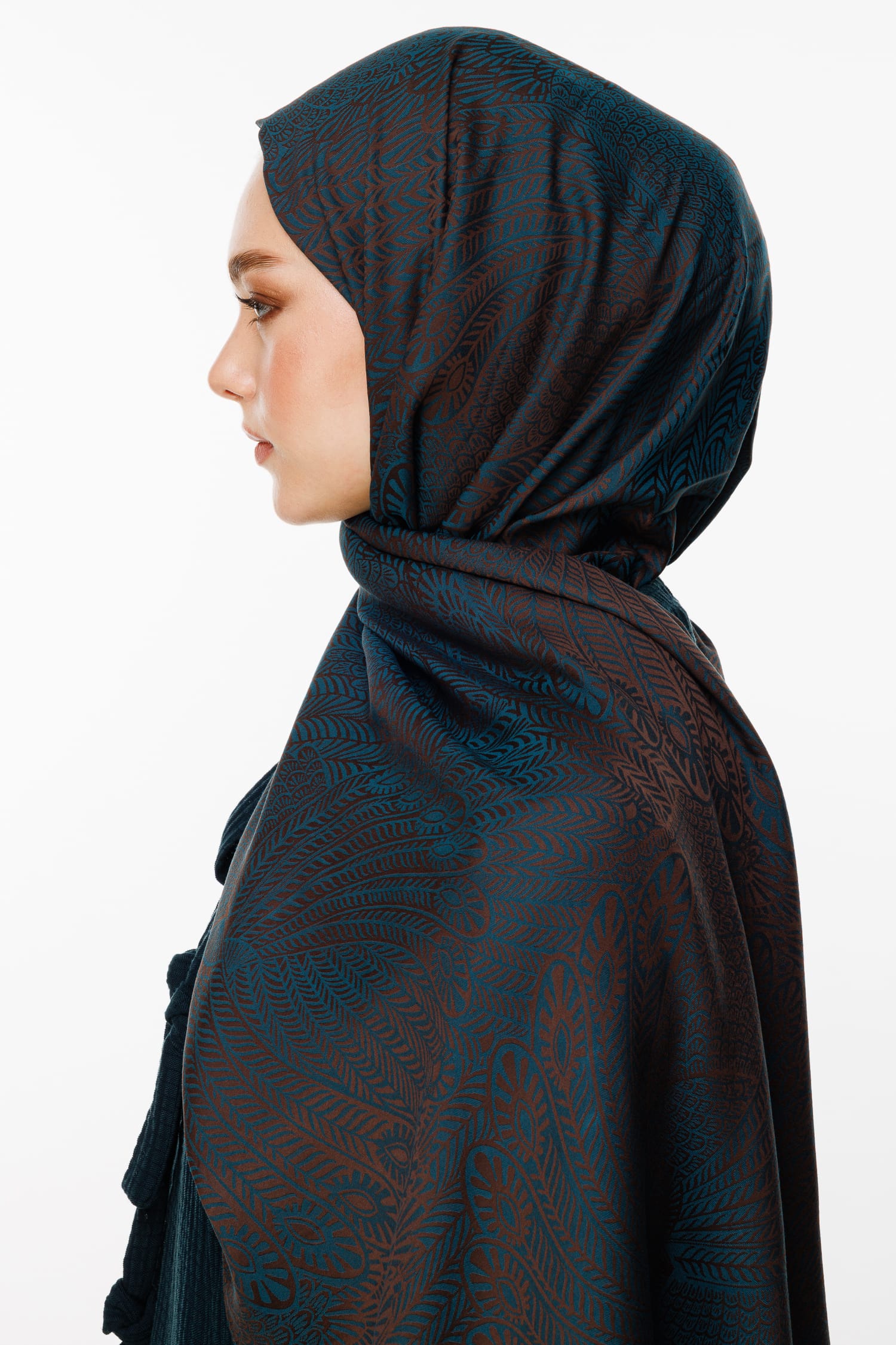 Toptan Mayra Desen Çift Taraflı Şal - Acı Kahve-Petrol Mavisi