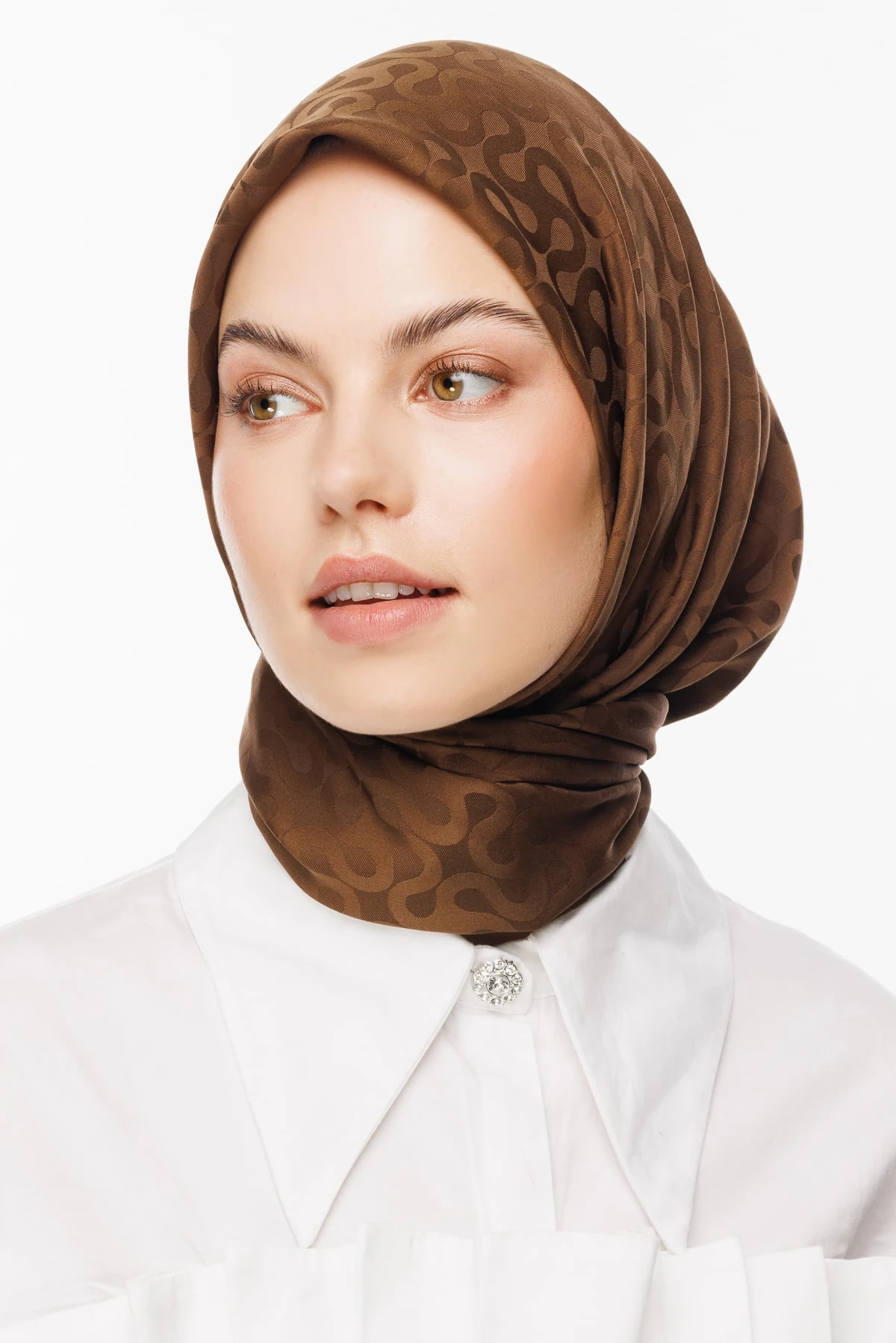 Toptan Moon Desen İpeksi Jakar Eşarp - Kahverengi