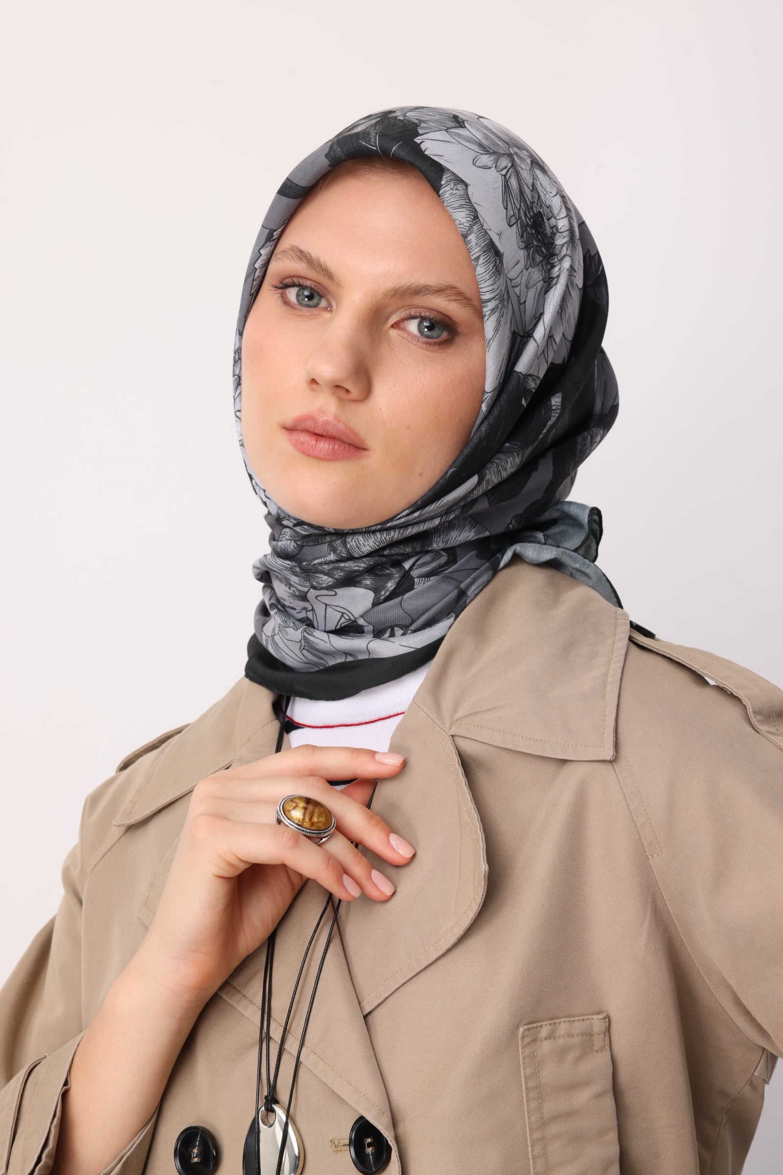 Toptan Floren Desen Pamuk Eşarp - Siyah