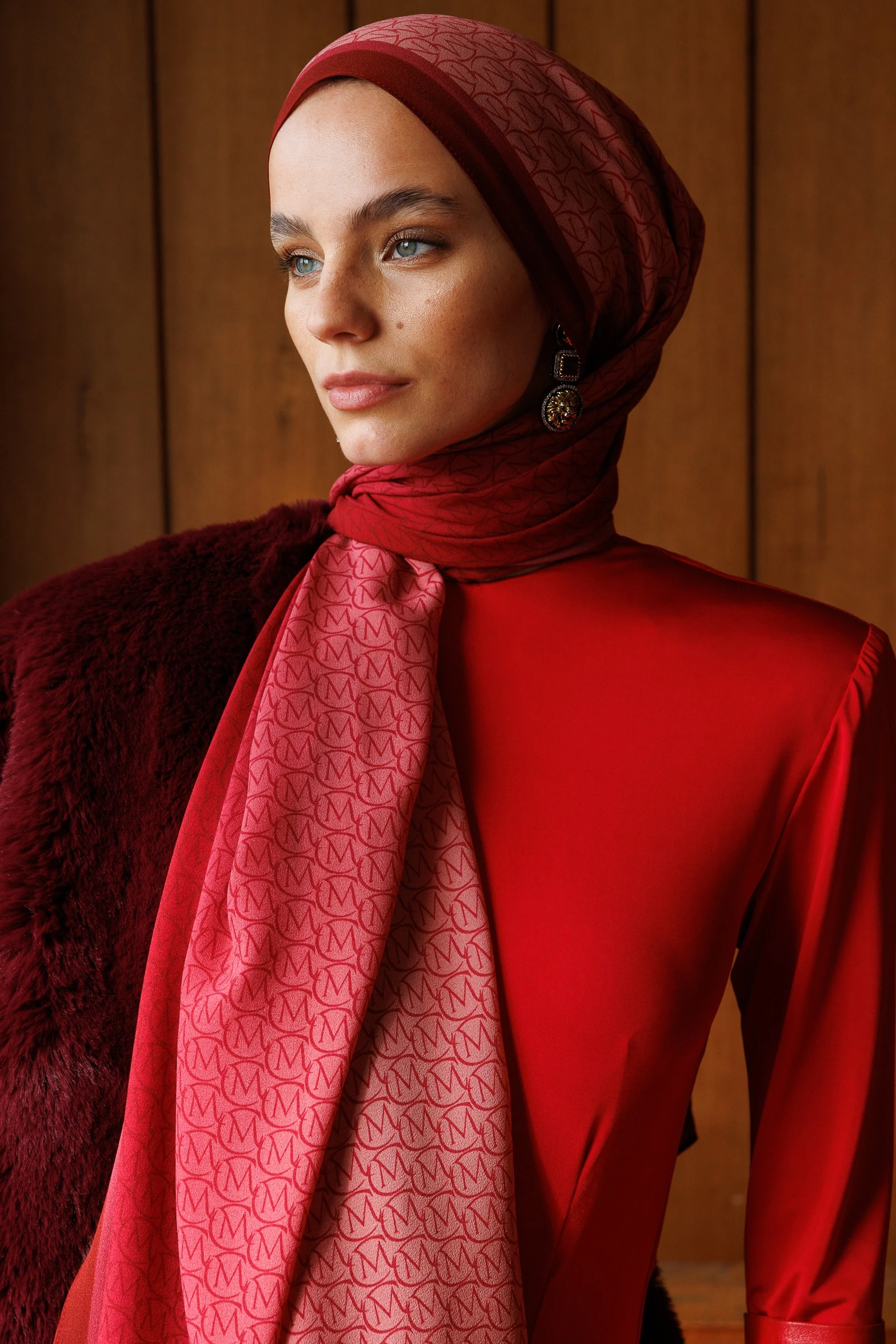 Wholesale Monogram Hebei Silk Shawl - Claret Red