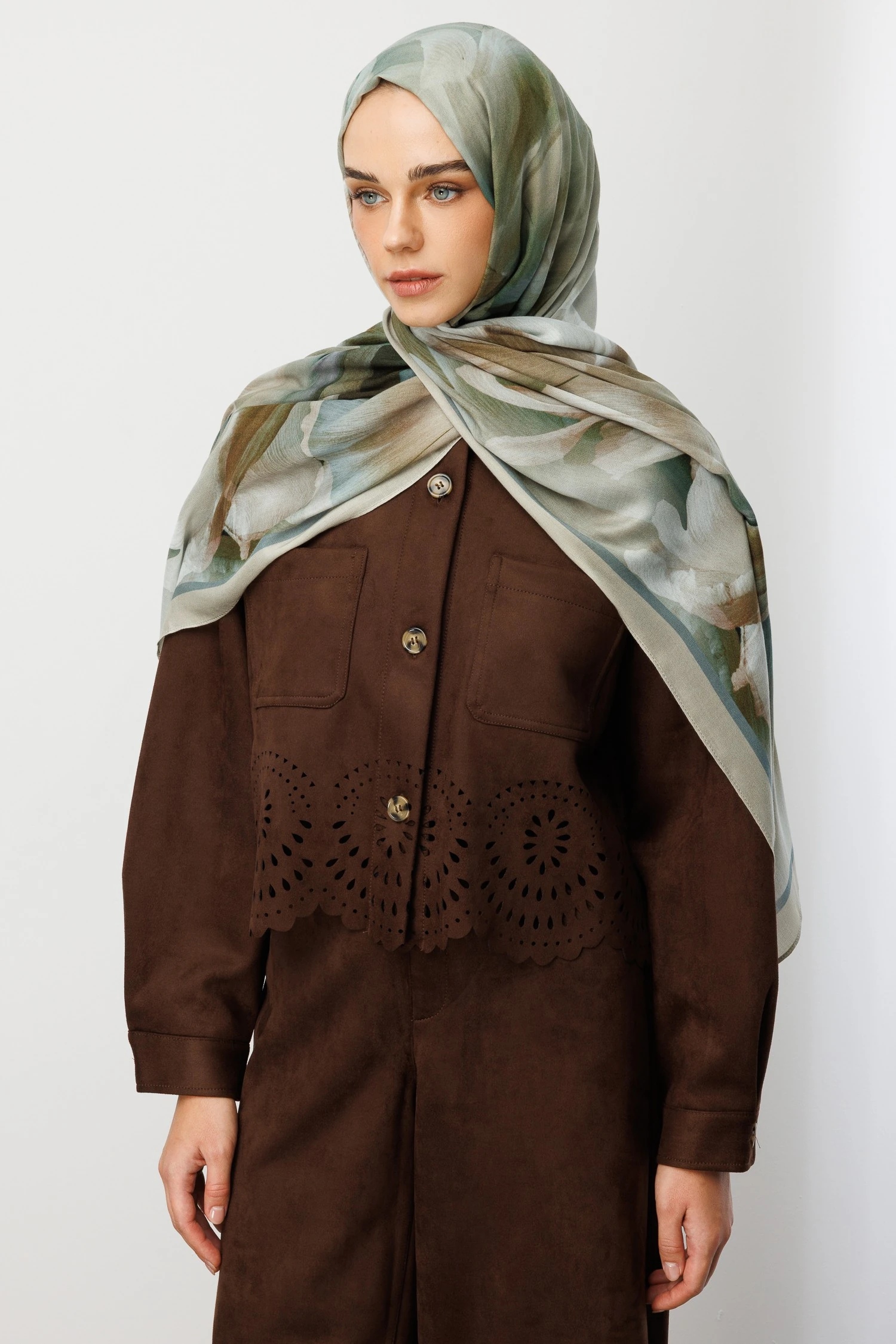 Wholesale Fleur Pattern Ramie Shawl - Sage