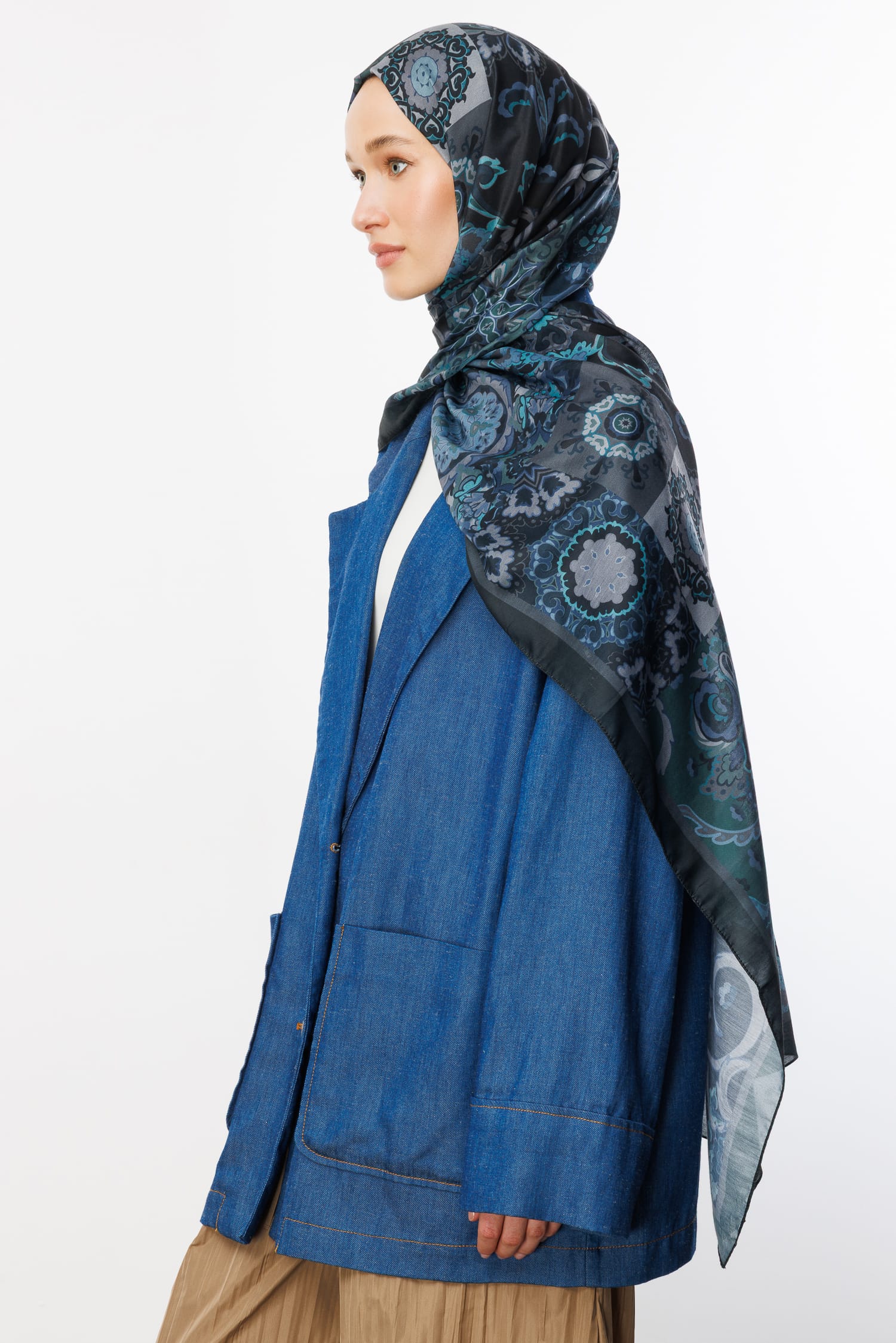 Toptan Solhar Desen Pamuk Şal - Lacivert