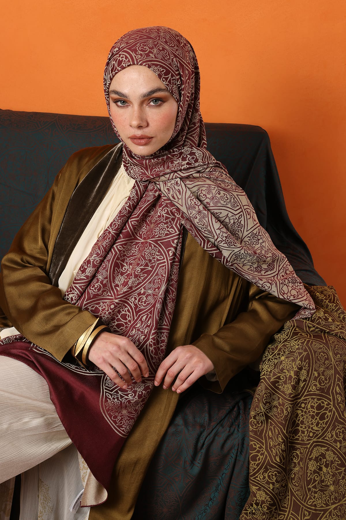 Toptan Morocco Desen Çift Taraflı Şal - Mürdüm-Somon