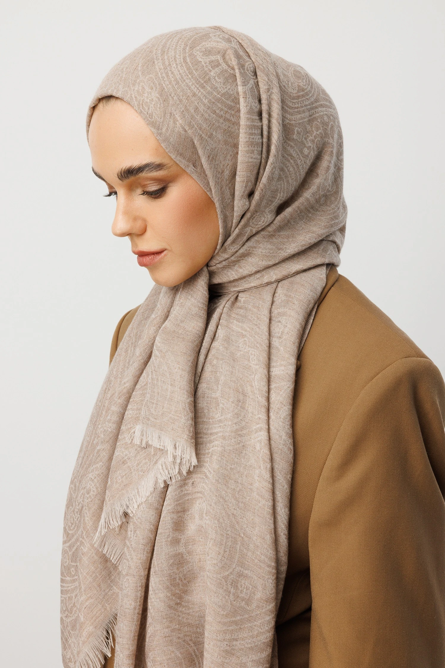 Toptan Rumi Desen Yün Kaşmir Şal - Bej