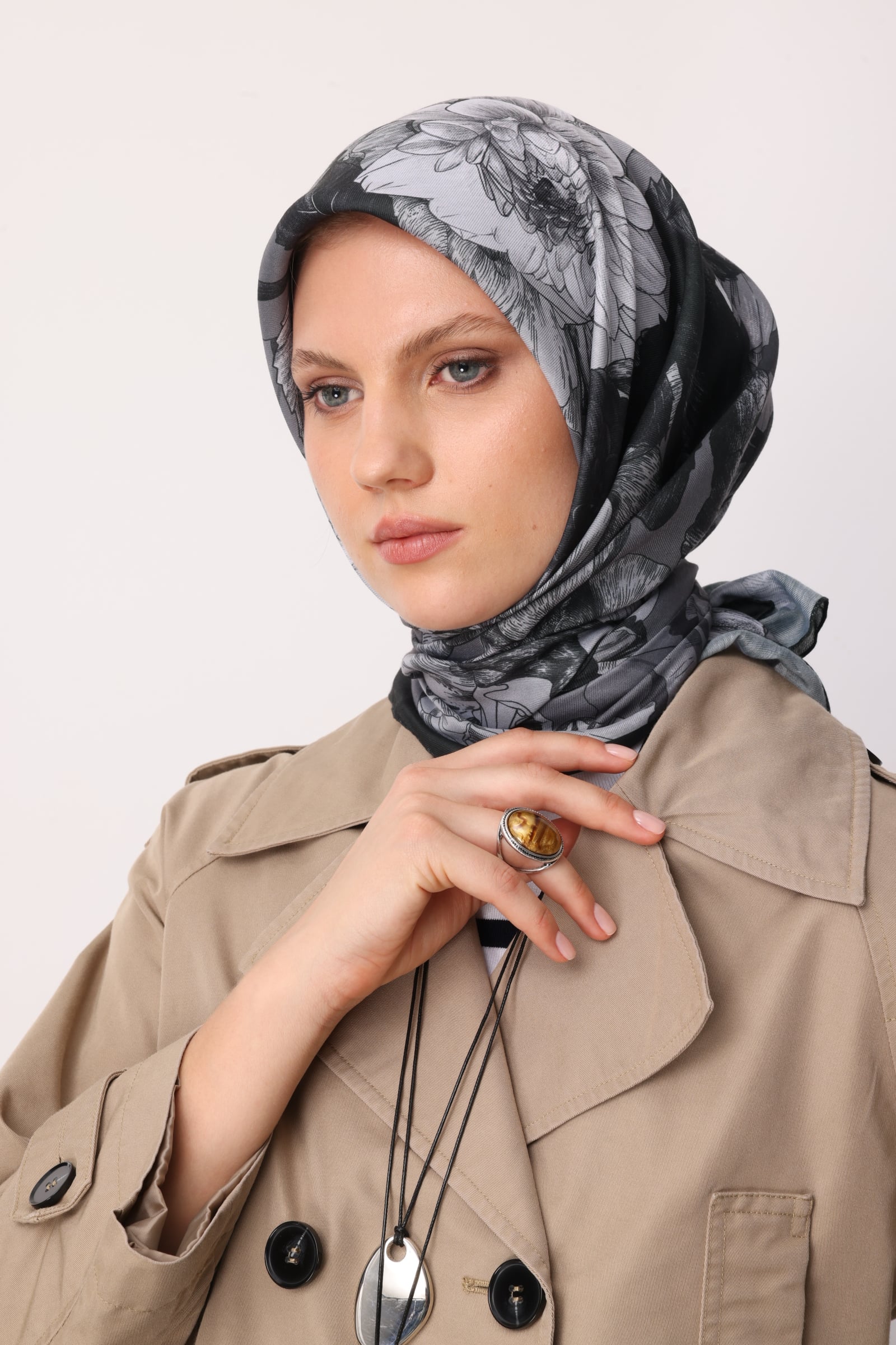 Toptan Floren Desen Pamuk Eşarp - Siyah