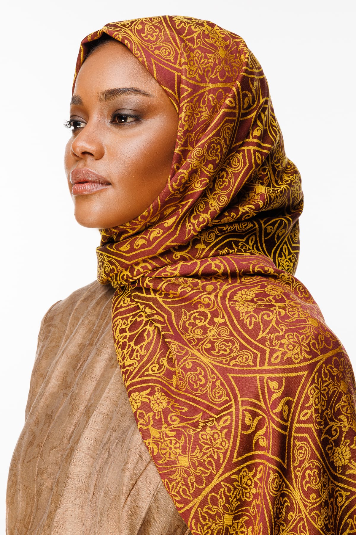 Toptan Morocco Desen Çift Taraflı Şal - Mürdüm-Sarı