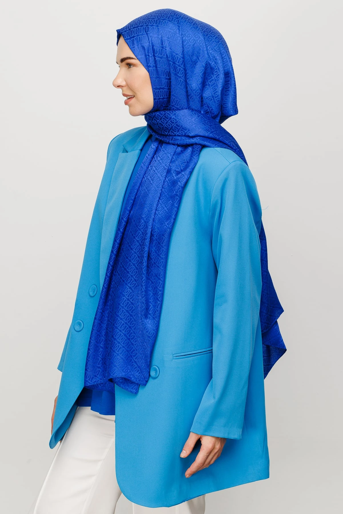 Toptan Forever Desen Parlak Jakar Şal - Saks Mavi