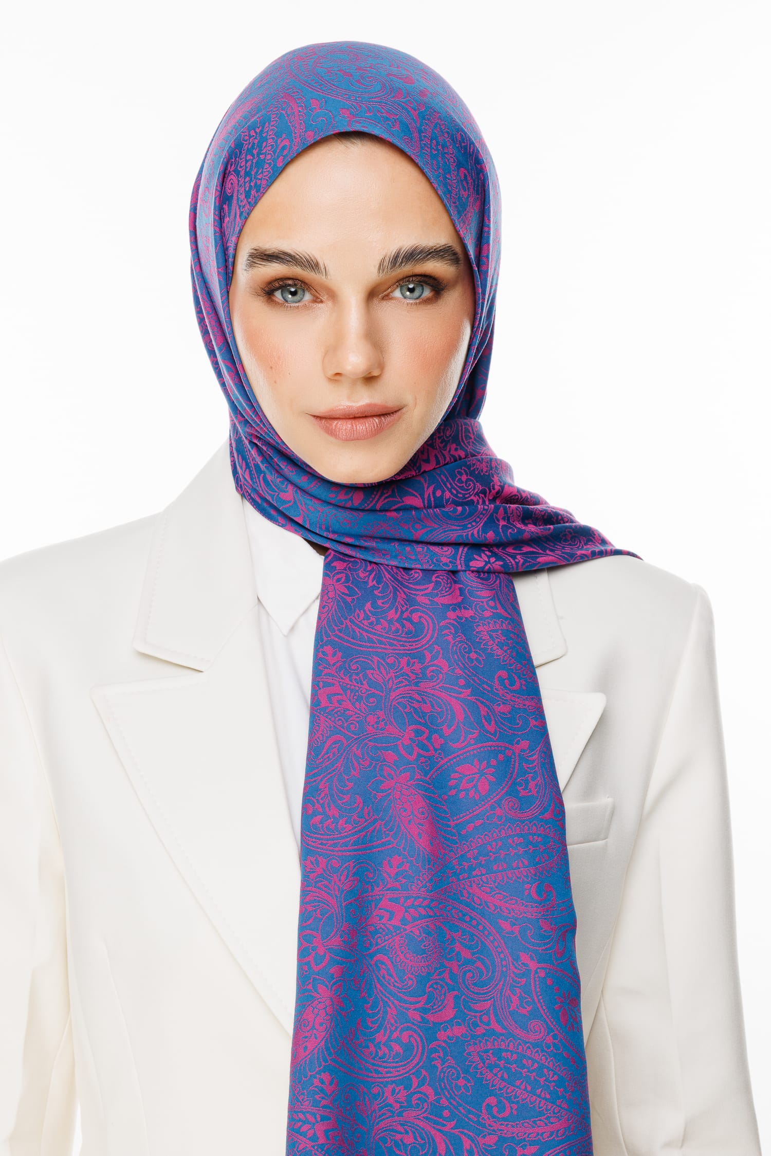 Toptan Velora Desen Çift Taraflı Şal - Petrol Mavisi-Fuşya