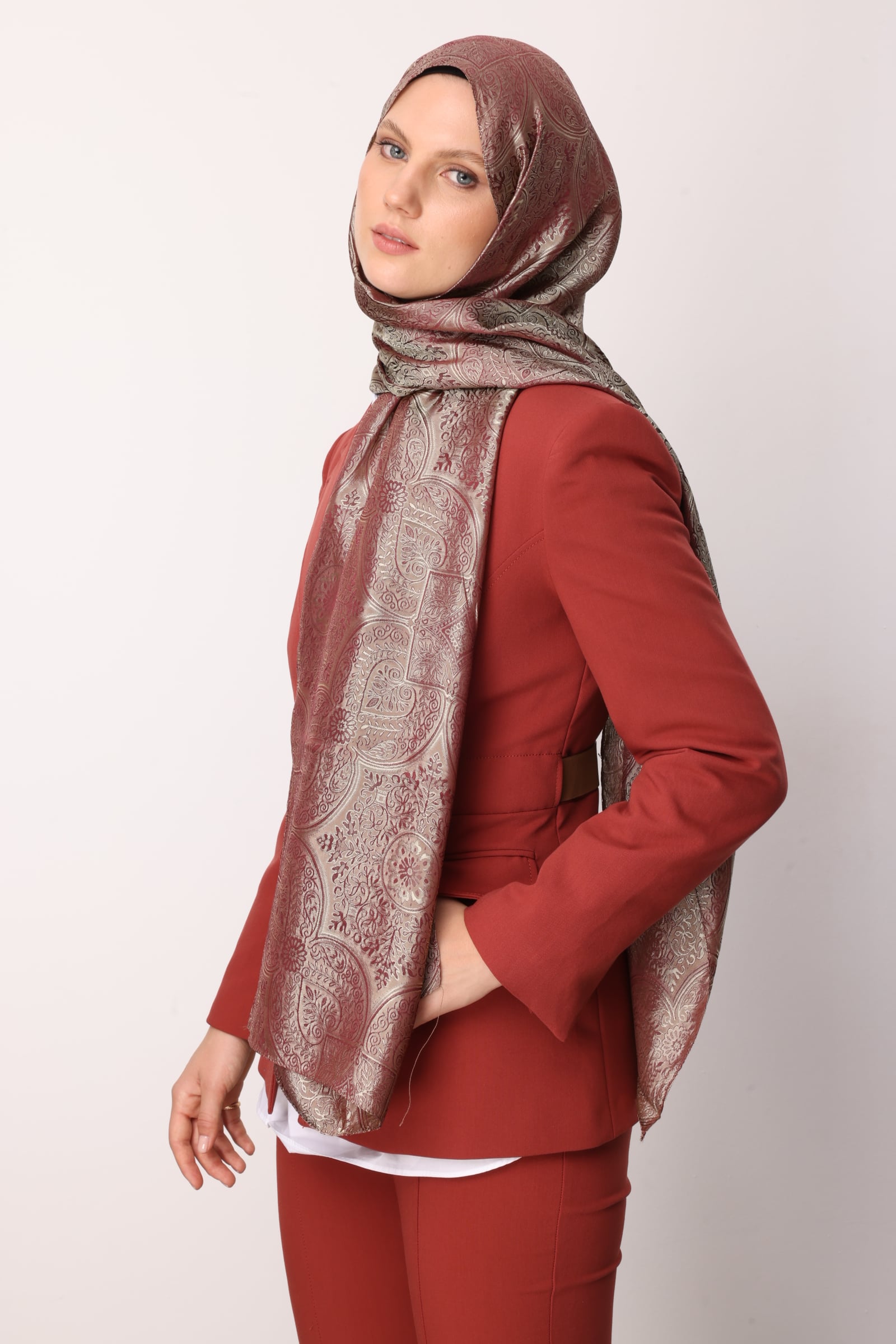 Shline Line Viscose Shawl - Damson-Salmon