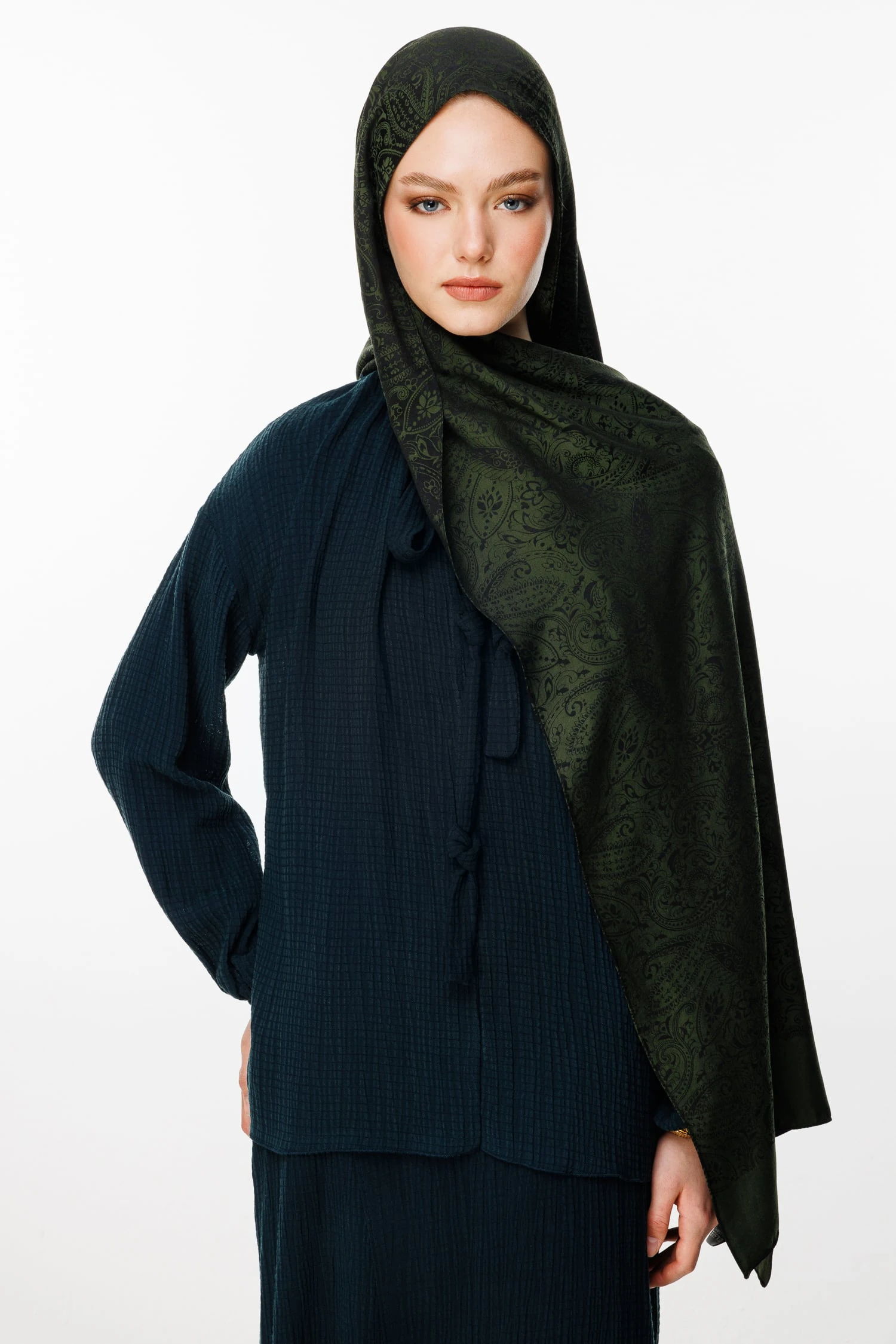 Toptan Velora Desen Çift Taraflı Şal - Siyah-Haki