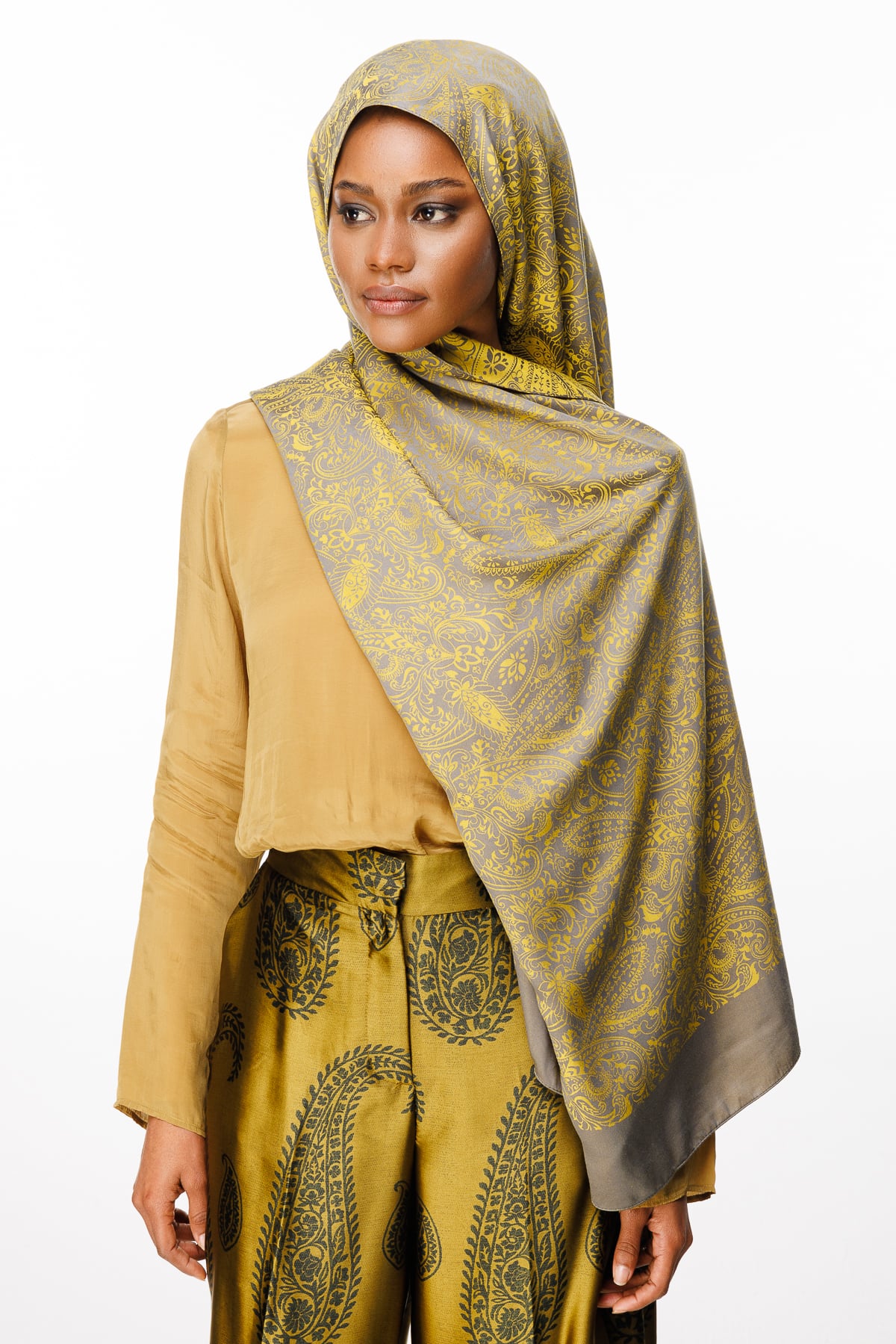 Velora-Pattern Reversible Shawl - Dark Gray-Mustard
