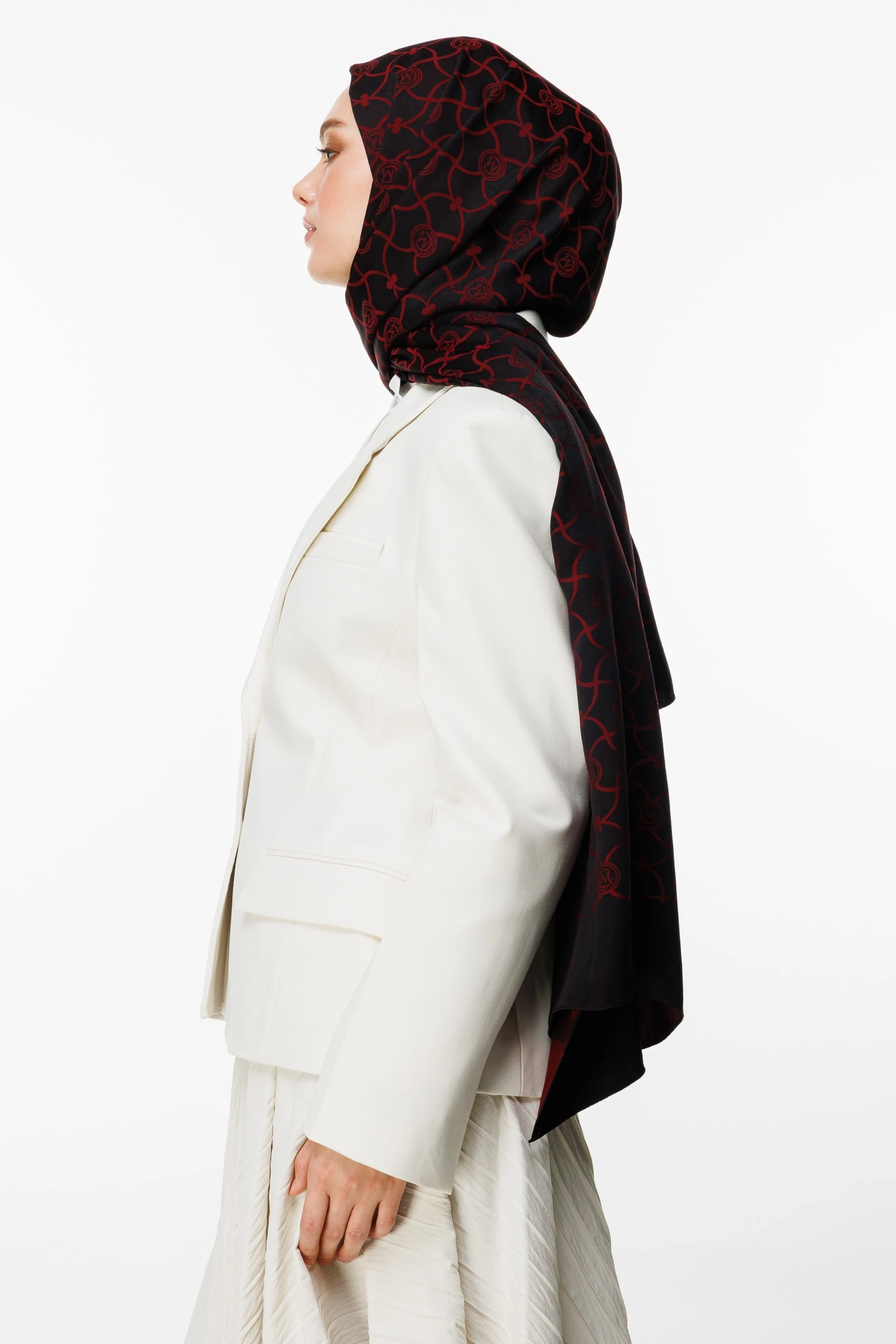 Toptan Marrakech Desen Çift Taraflı Şal - Siyah-Bordo