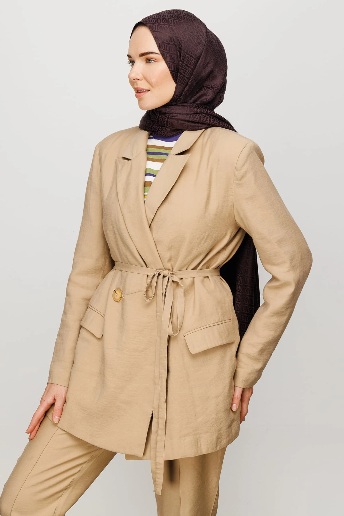 Wholesale Forever Pattern Shiny Jacquard Shawl - Bitter Coffee