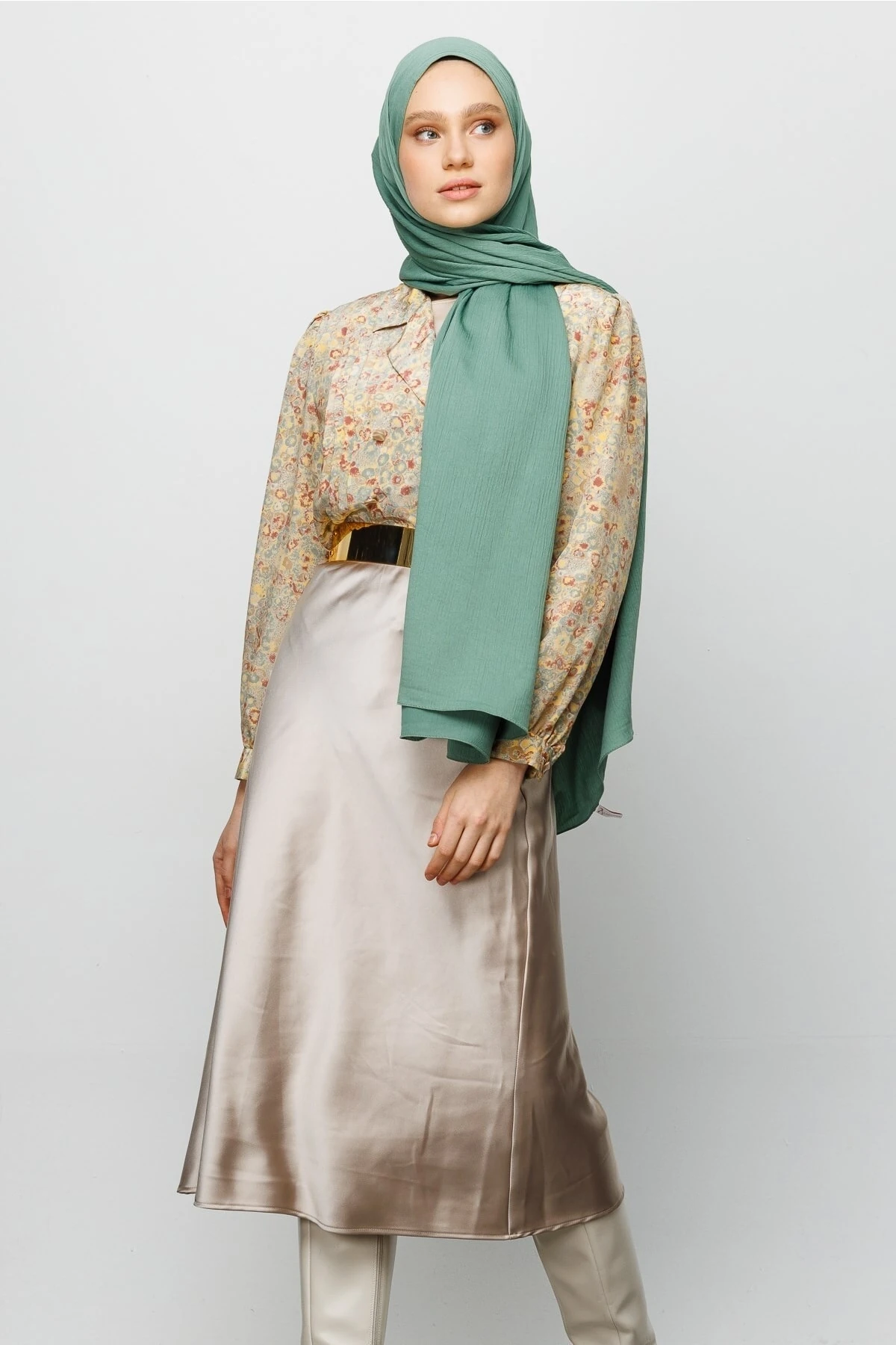 Toptan Krinkıl Medine İpeği Şal - Küf Yeşili