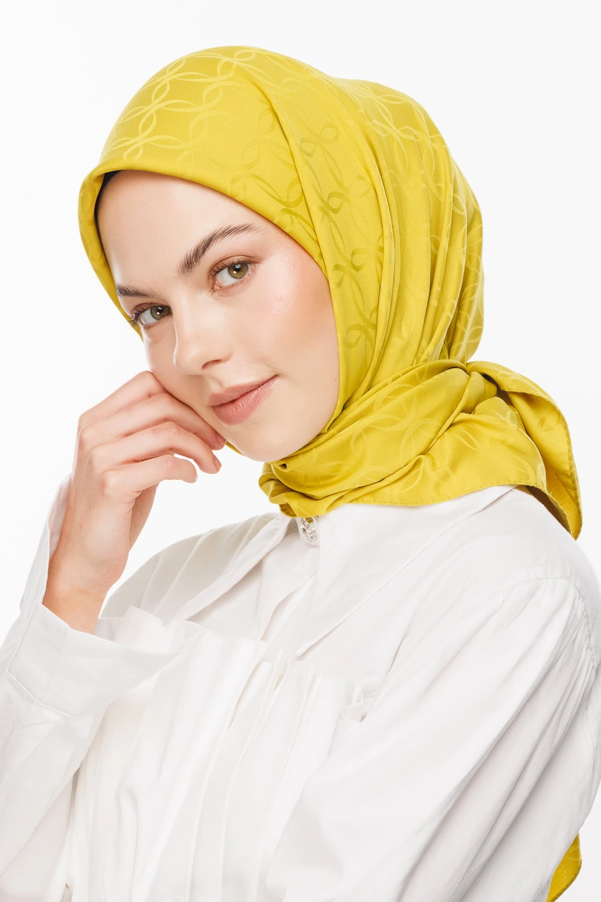 Toptan London Desen İpeksi Jakar Eşarp - Oliv Yeşili