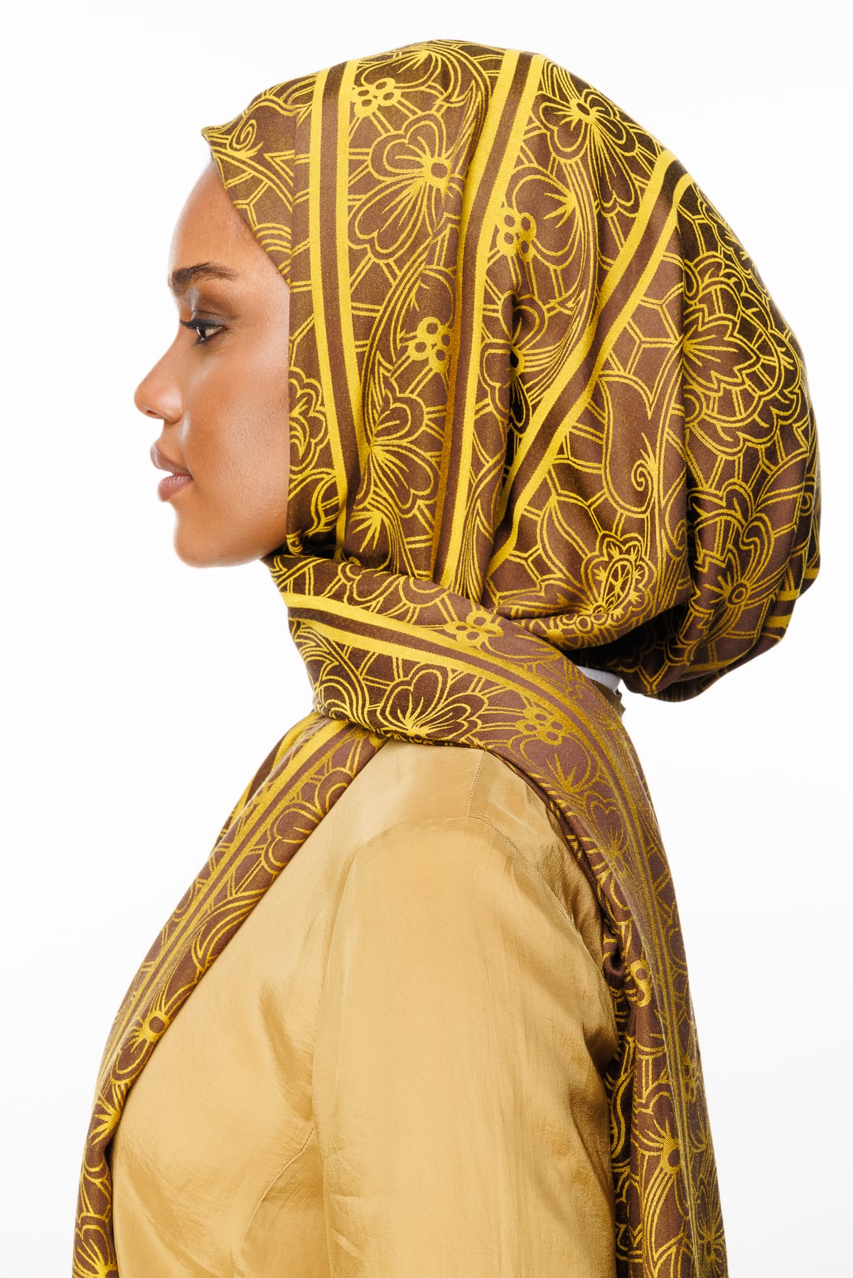 Lavin-Pattern Reversible Shawl - Bitter Coffee-Mustard