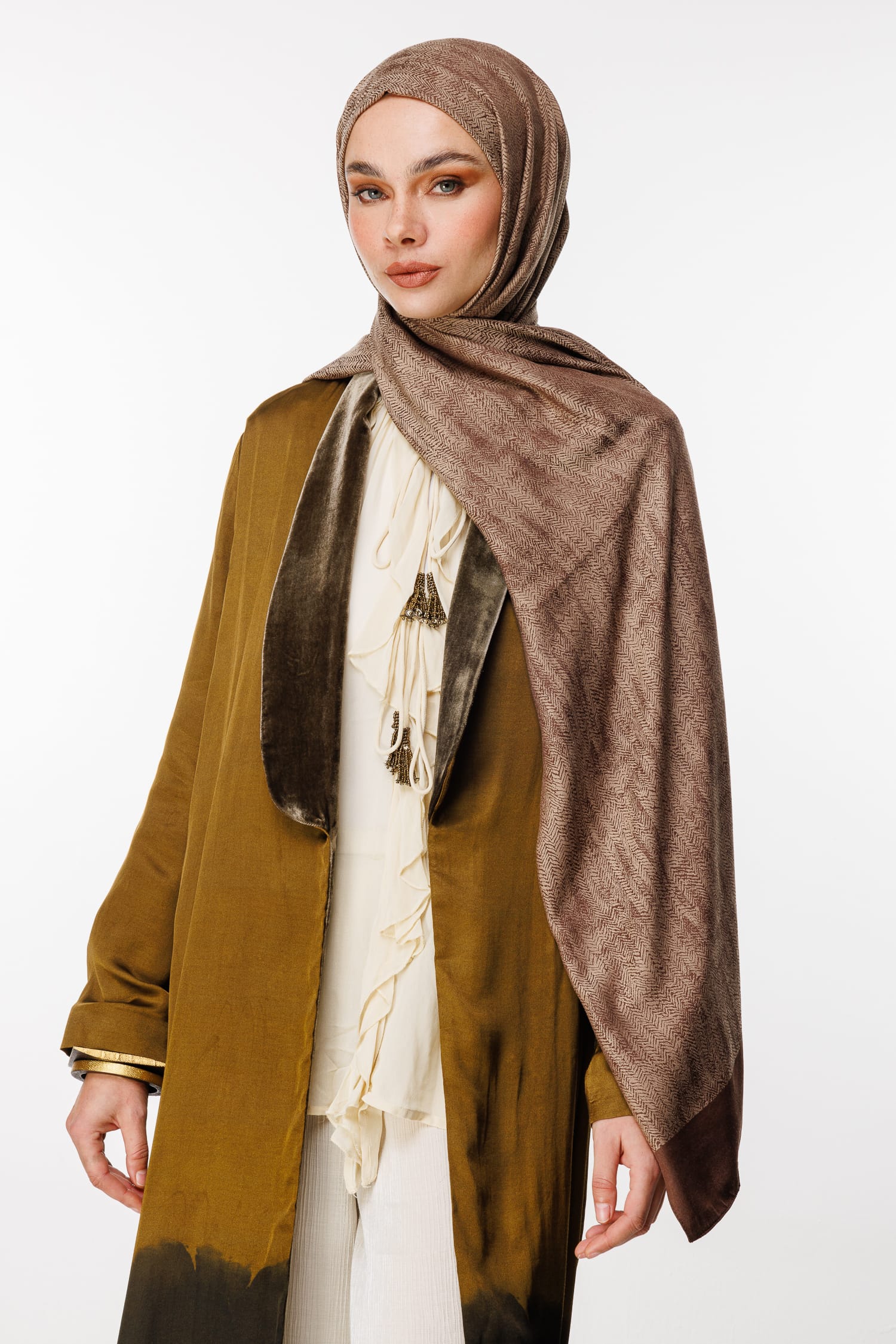 Toptan Sahra Desen Çift Taraflı Şal - Acı Kahve-Bej