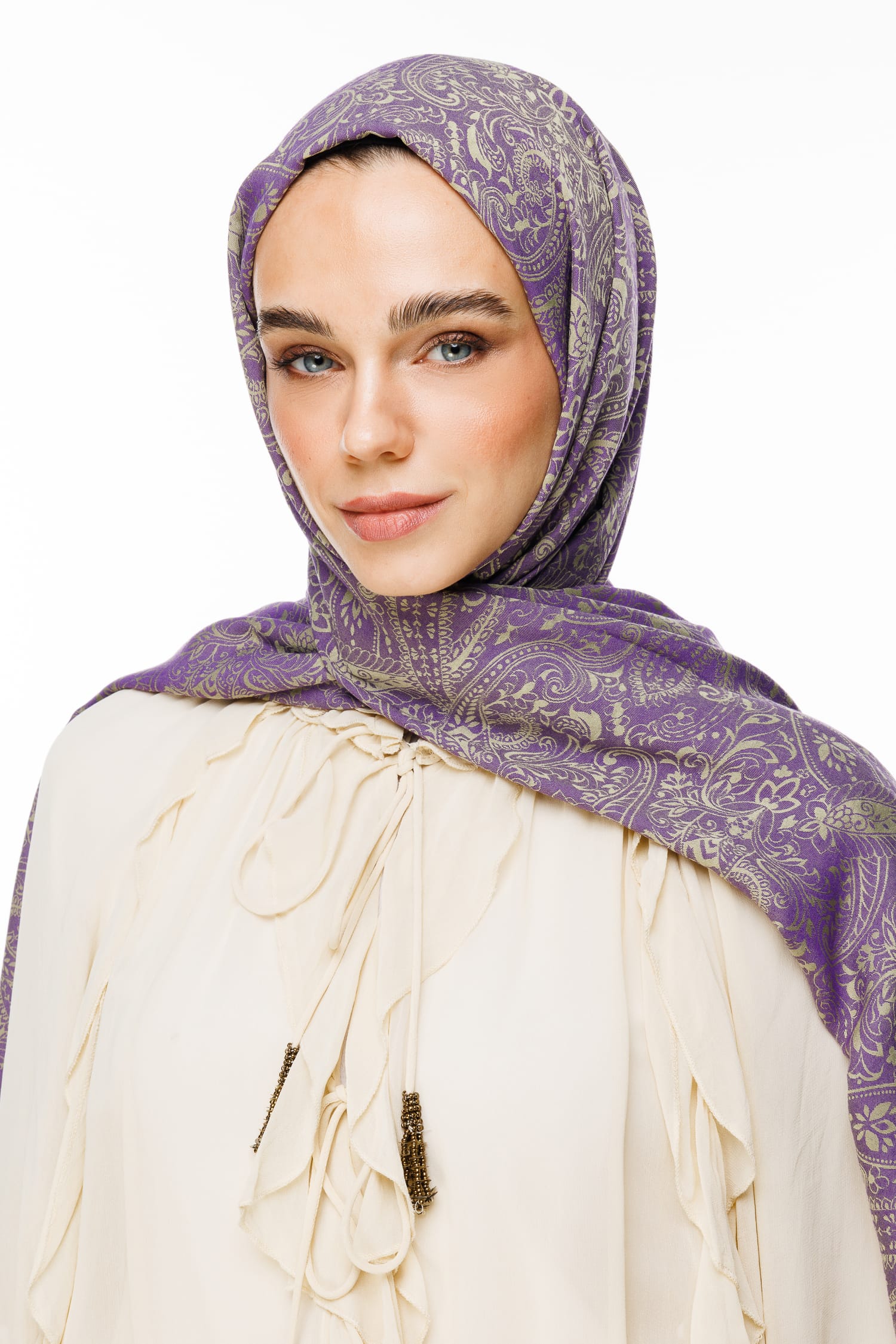 Toptan Velora Desen Çift Taraflı Şal - Zeytin-Mor