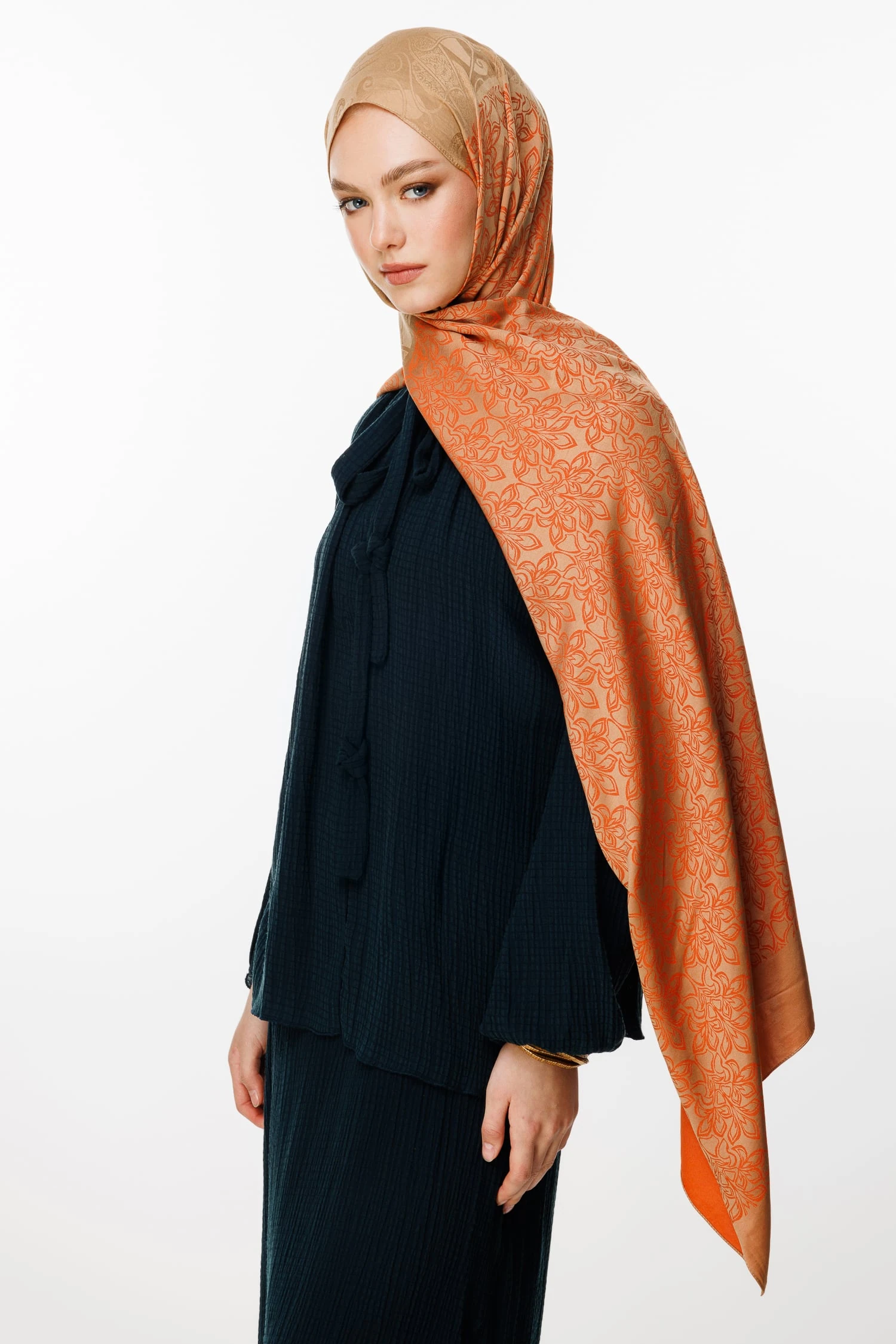 Toptan Nora Desen Çift Taraflı Şal - Vizon-Tarçın