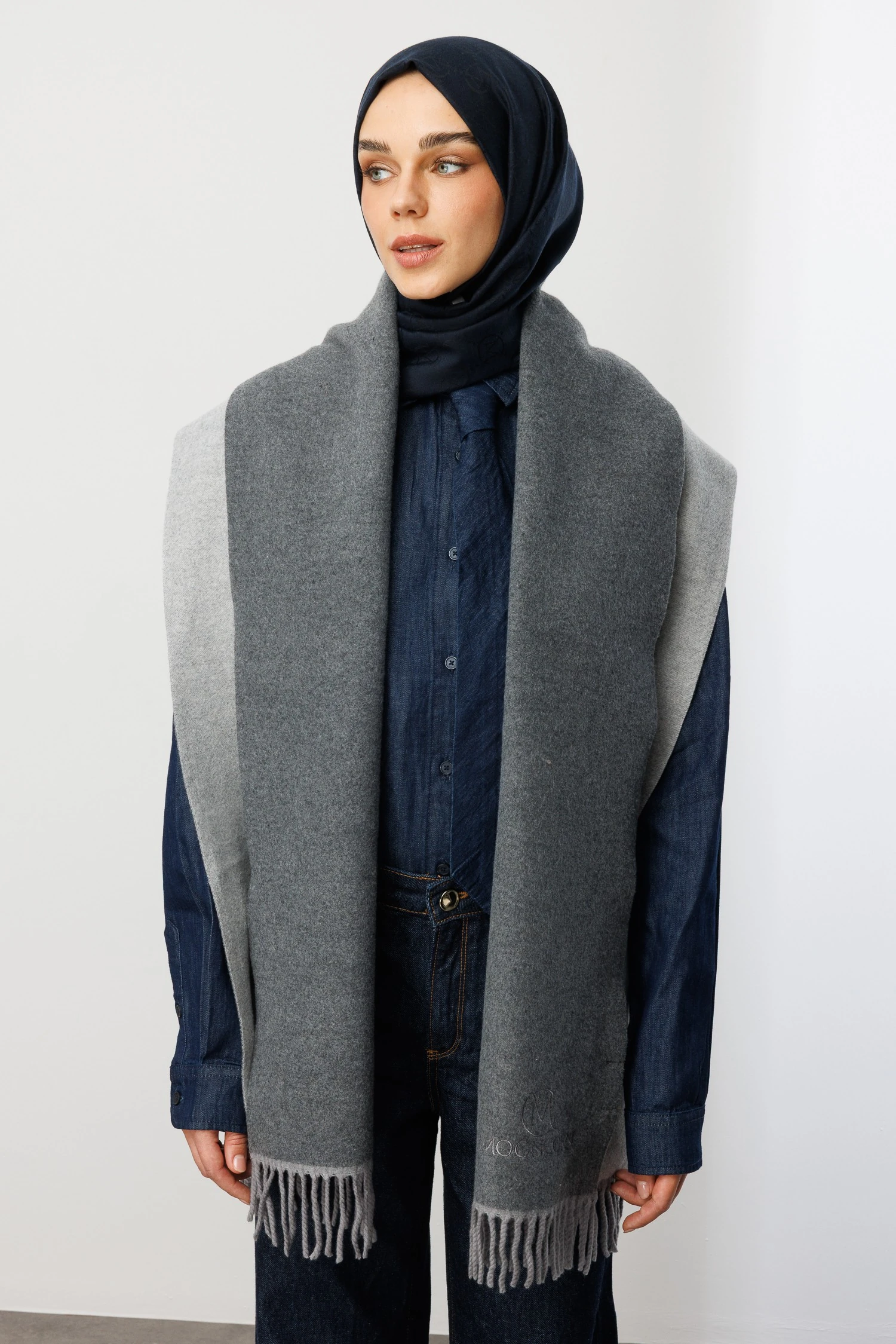 Toptan Çift Taraflı Yün Atkı - Gri Gümüş