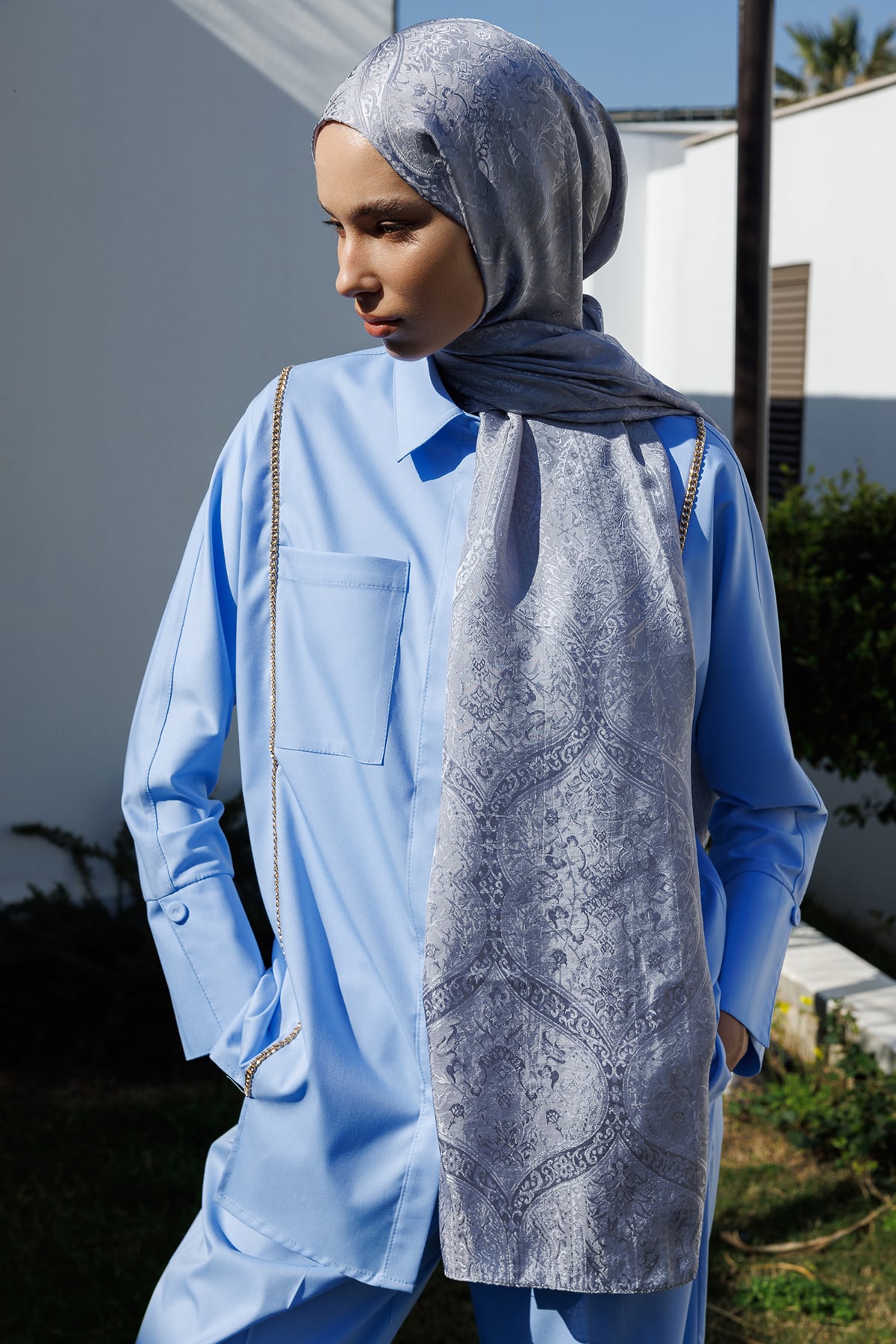 Shline Line Viscose Shawl - Gray-Gray