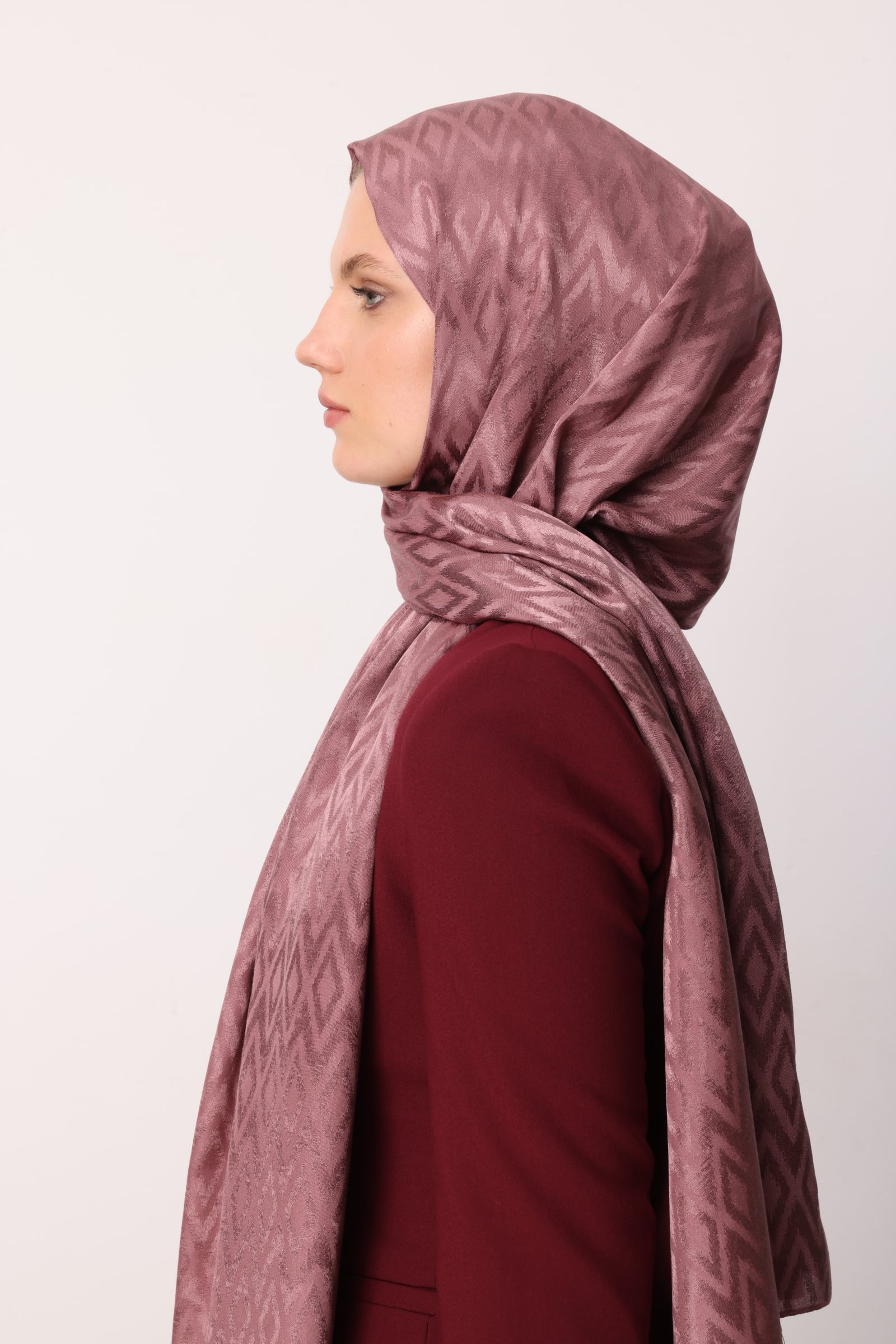 Toptan Karo Desen Parlak Jakar Şal - Gül Kurusu