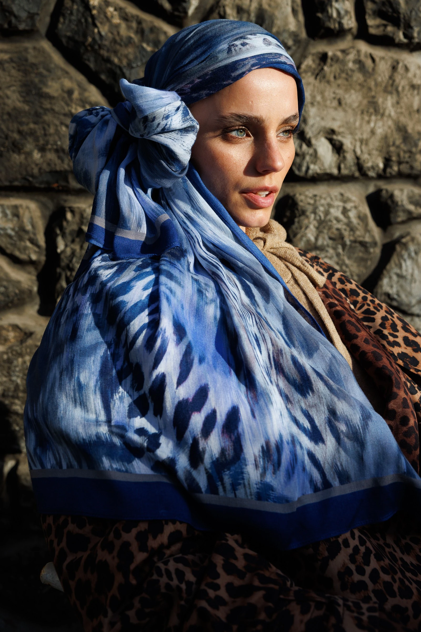 Wholesale Leopard Pattern Ramie Shawl - Indigo