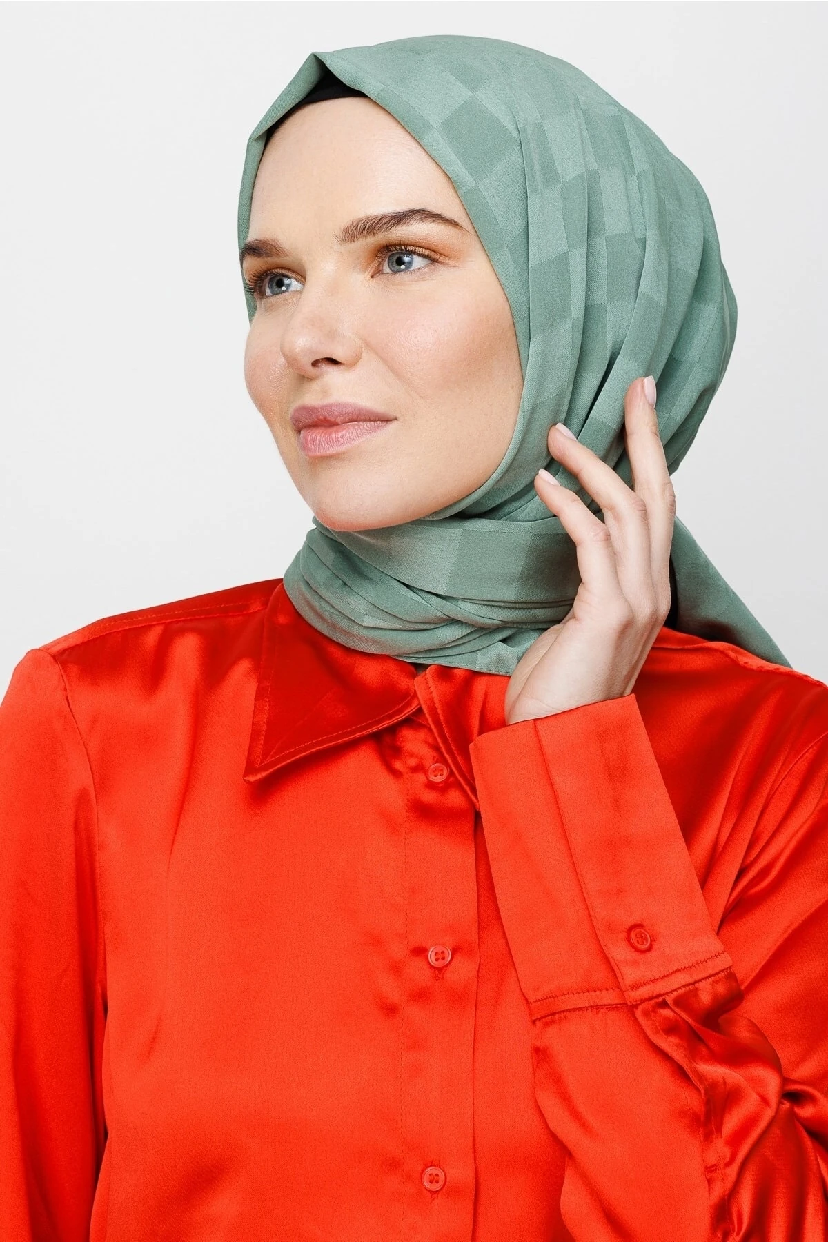 Toptan Dama Desen İpeksi Jakar Şal - Küf Yeşili