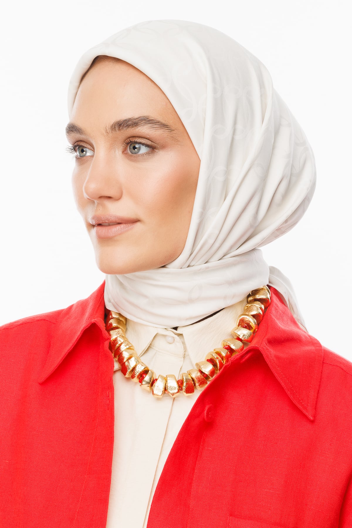 Toptan London Desen İpeksi Jakar Eşarp - İnci