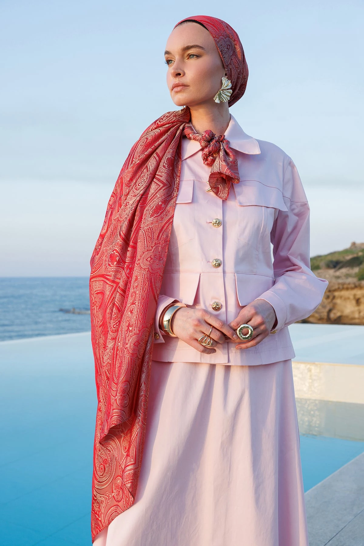 Toptan Liva Desen Shine Line Şal - Bordo-Mint Yeşili