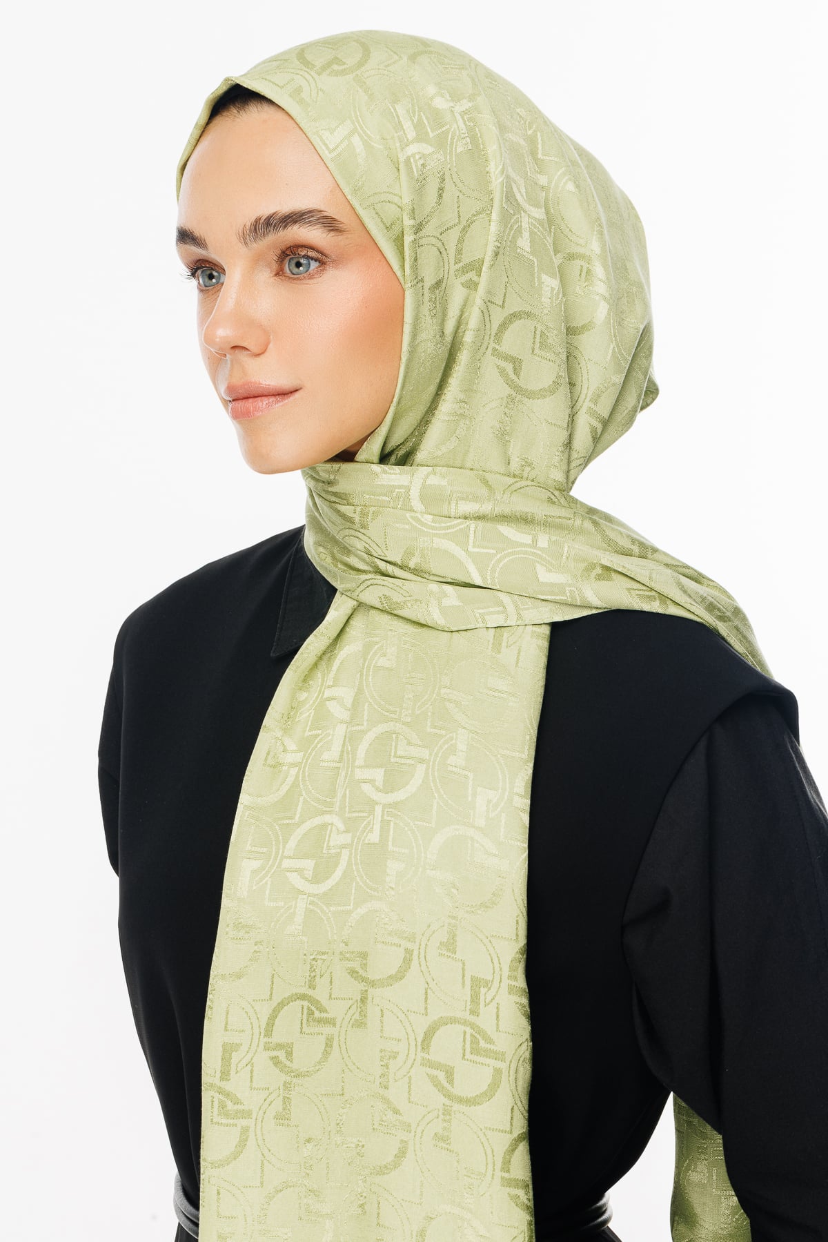 Toptan Longar Desen Parlak Jakar Şal - Fıstık Yeşili