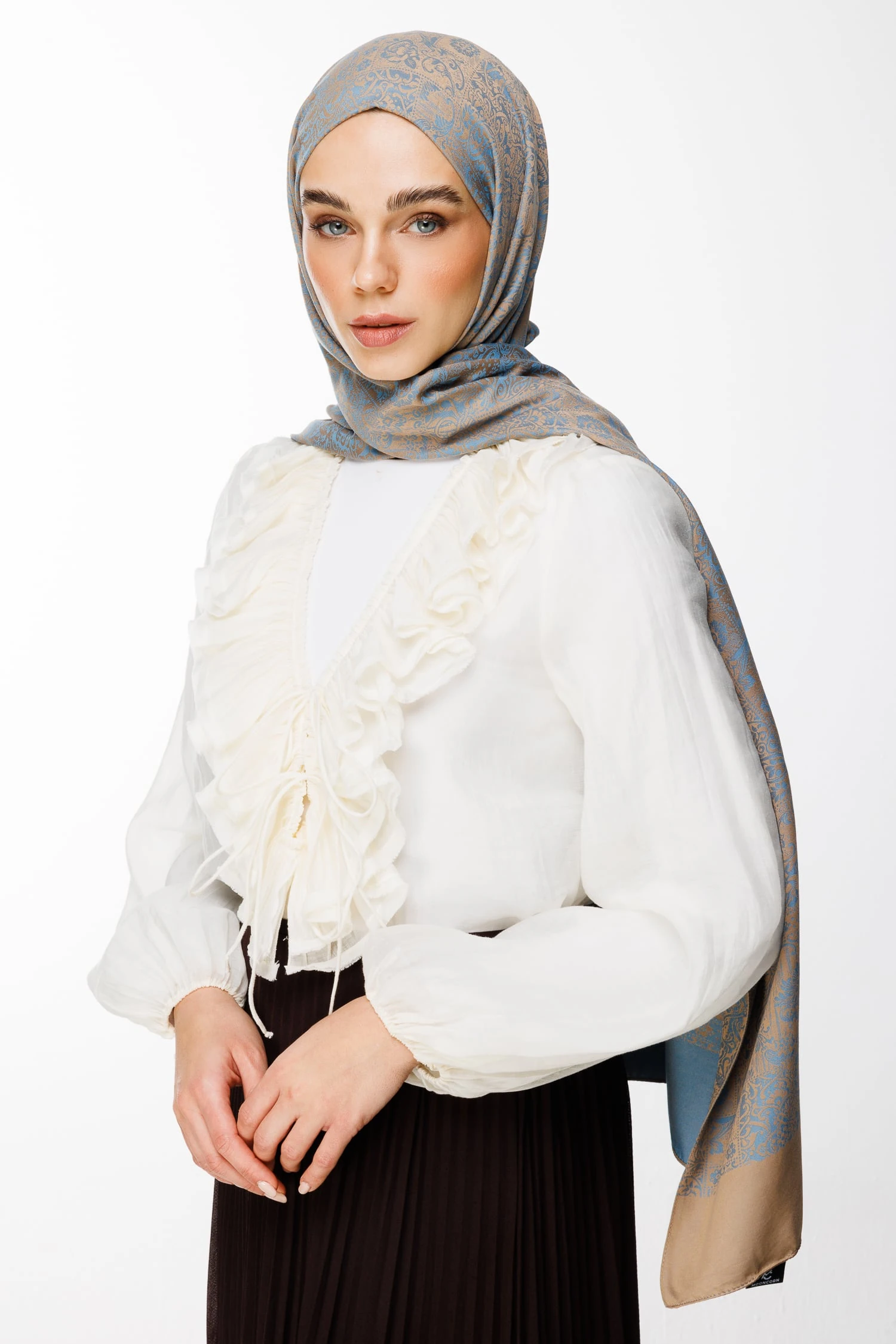 Toptan Henna Desen Çift Taraflı Şal - Vizon-Turkuaz