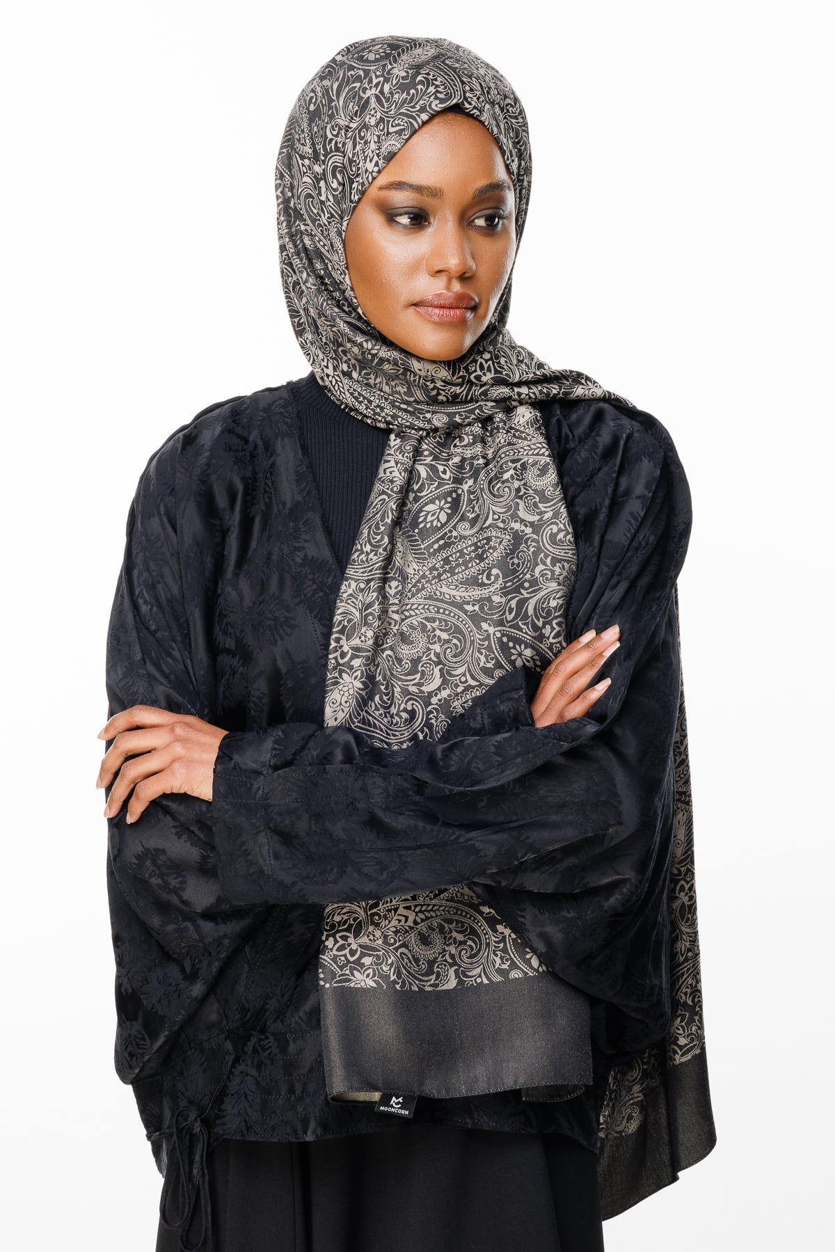Velora-Pattern Reversible Shawl - Black-Beige