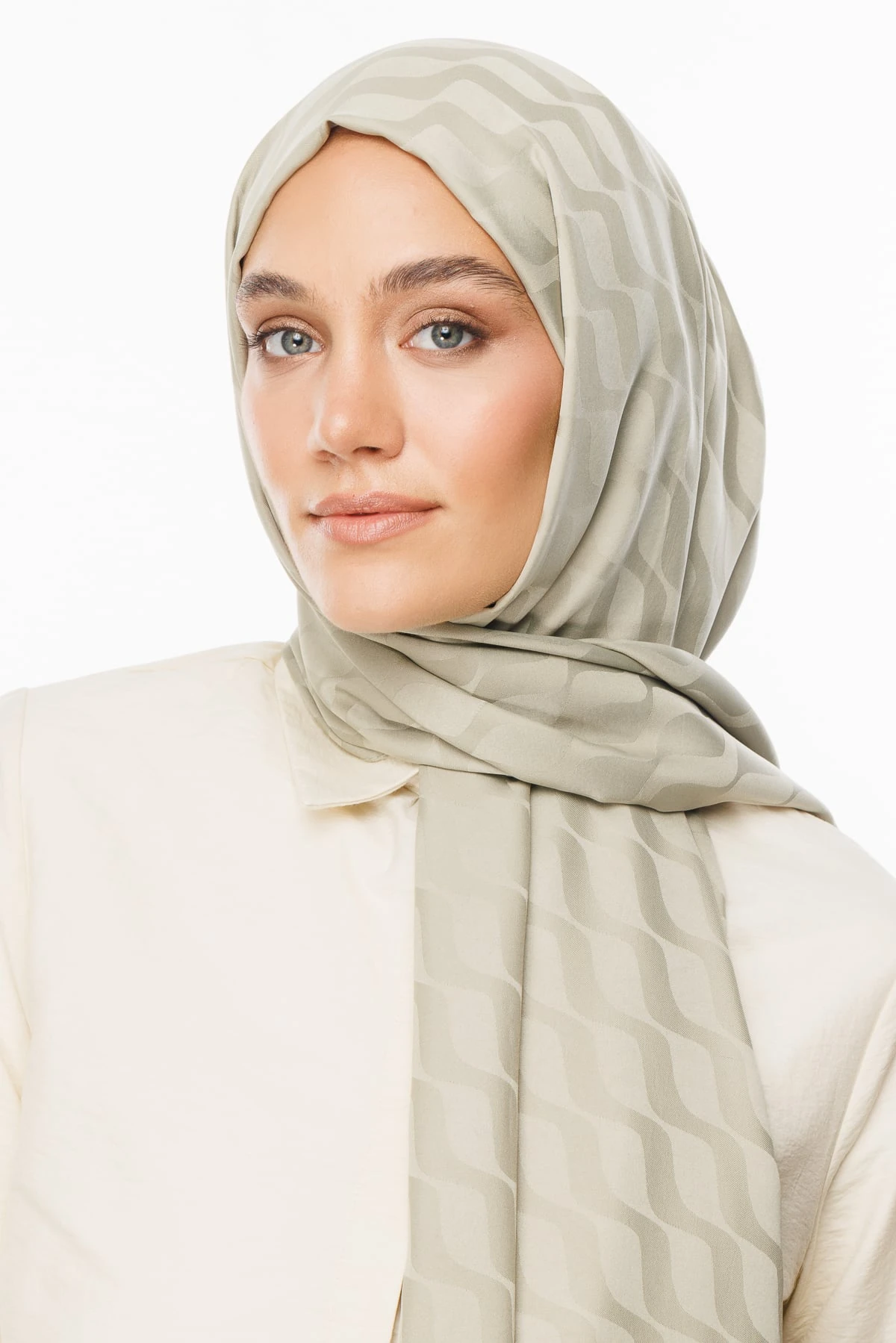 Wave-Pattern Silky Jacquard Shawl - Sage