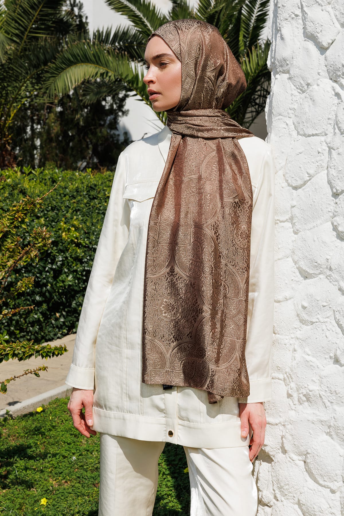 Toptan Vera Desen Shine Line Şal - Acı Kahve-Bej