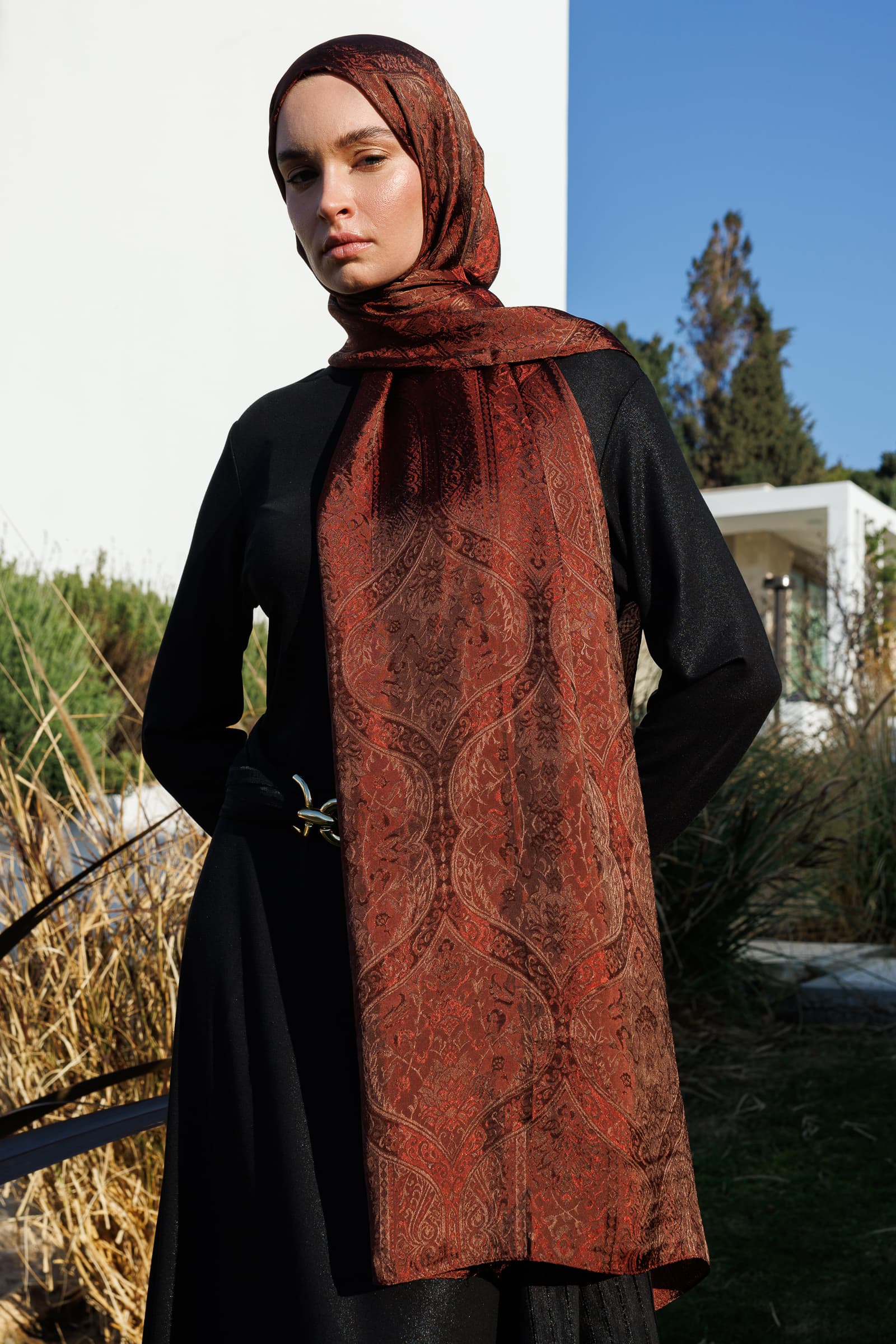 Shline Line Viscose Shawl - Bitter Coffee-Coffee