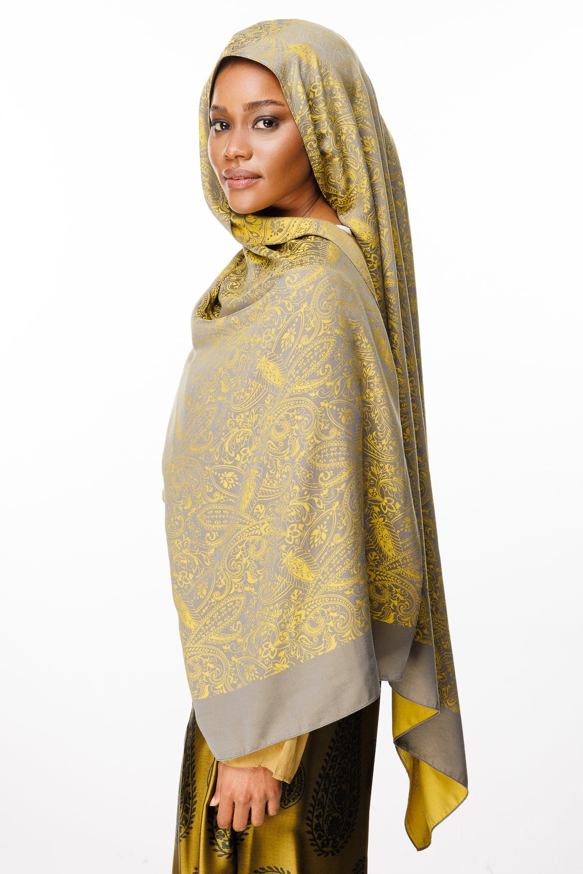 Velora-Pattern Reversible Shawl - Dark Gray-Mustard