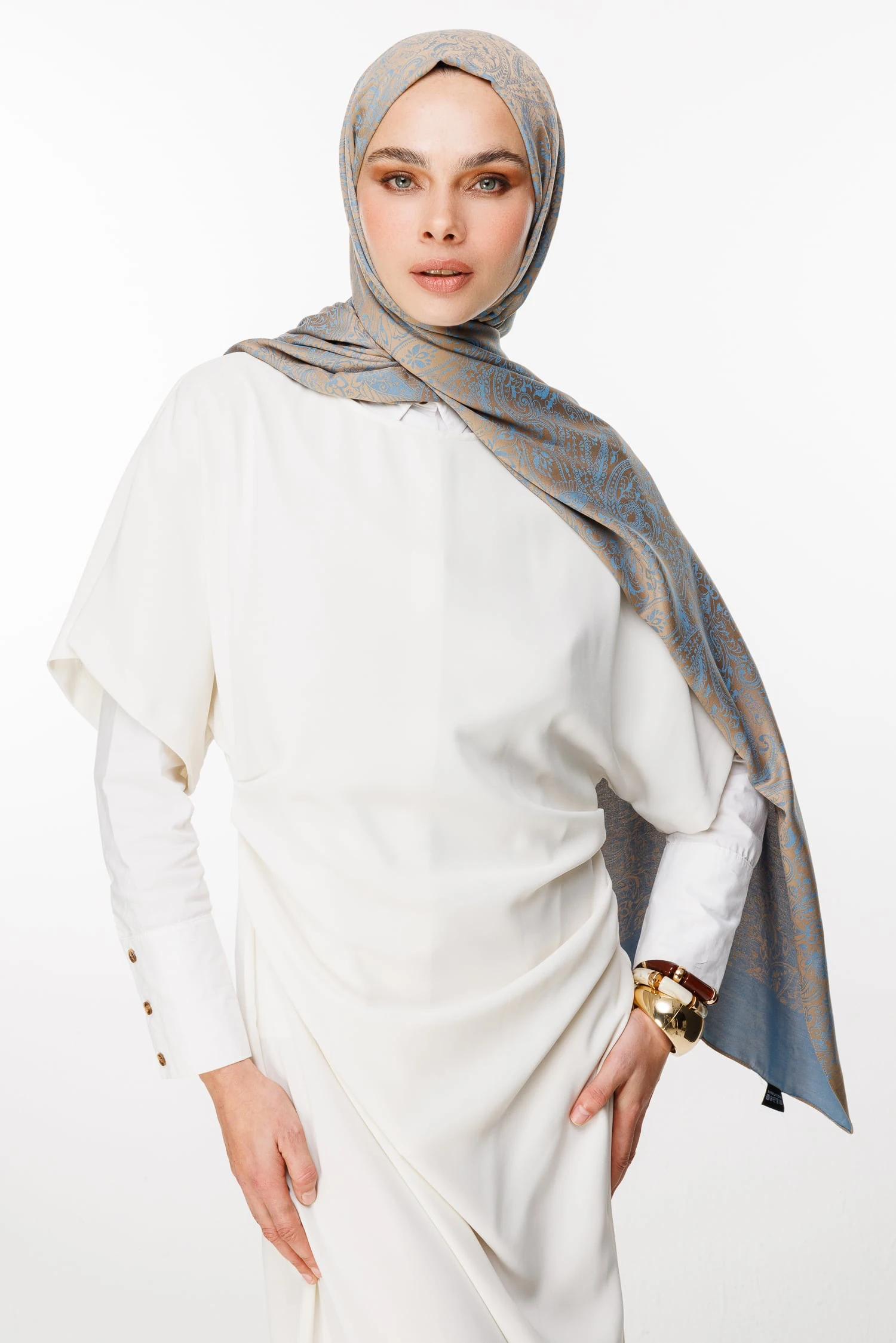 Toptan Velora Desen Çift Taraflı Şal - Vizon-Turkuaz