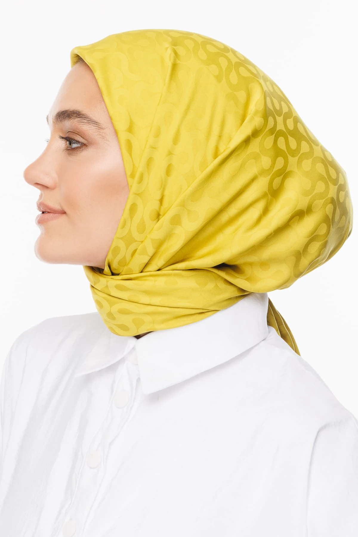 Toptan Moon Desen İpeksi Jakar Eşarp - Oliv Yeşili