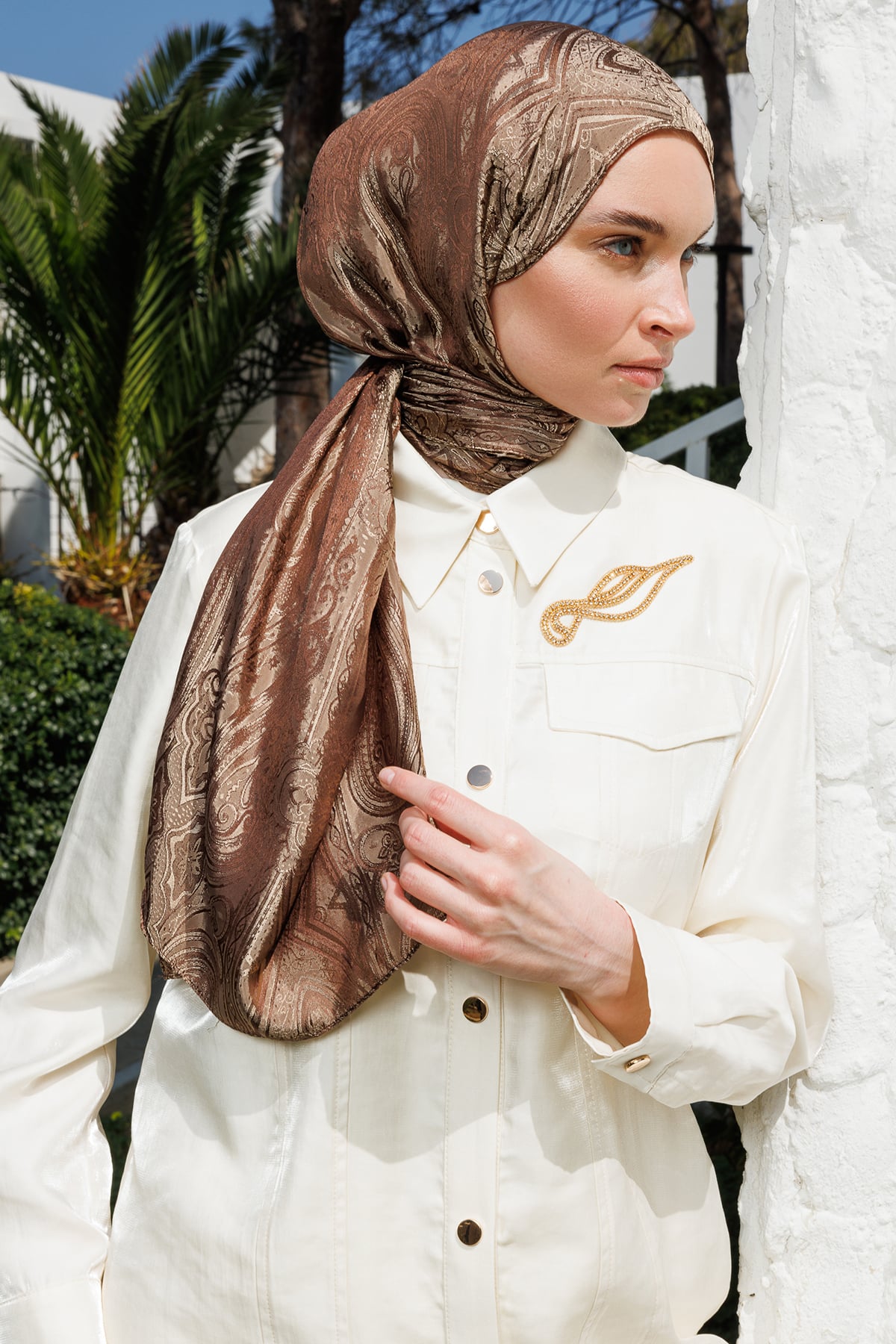 Toptan Liva Desen Shine Line Şal - Acı Kahve-Bej