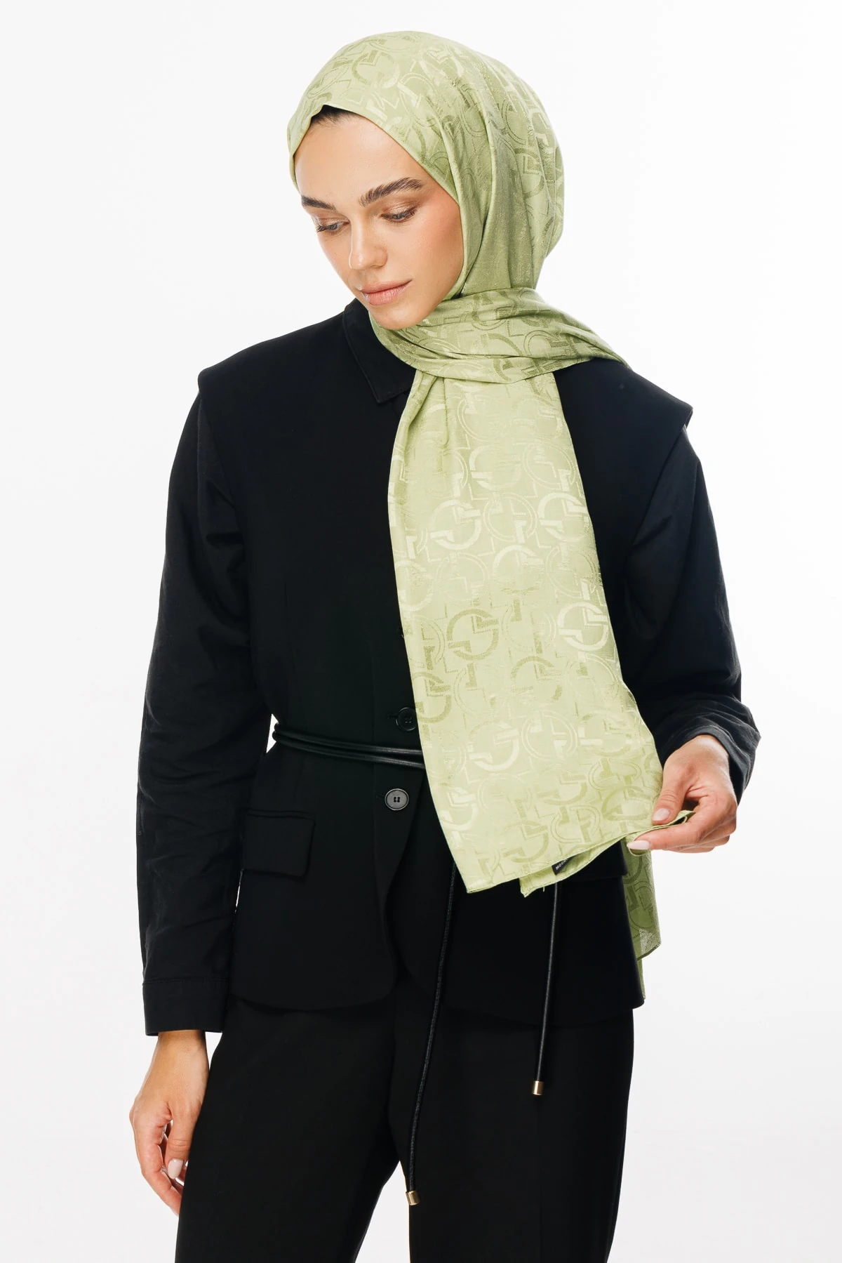 Toptan Longar Desen Parlak Jakar Şal - Fıstık Yeşili