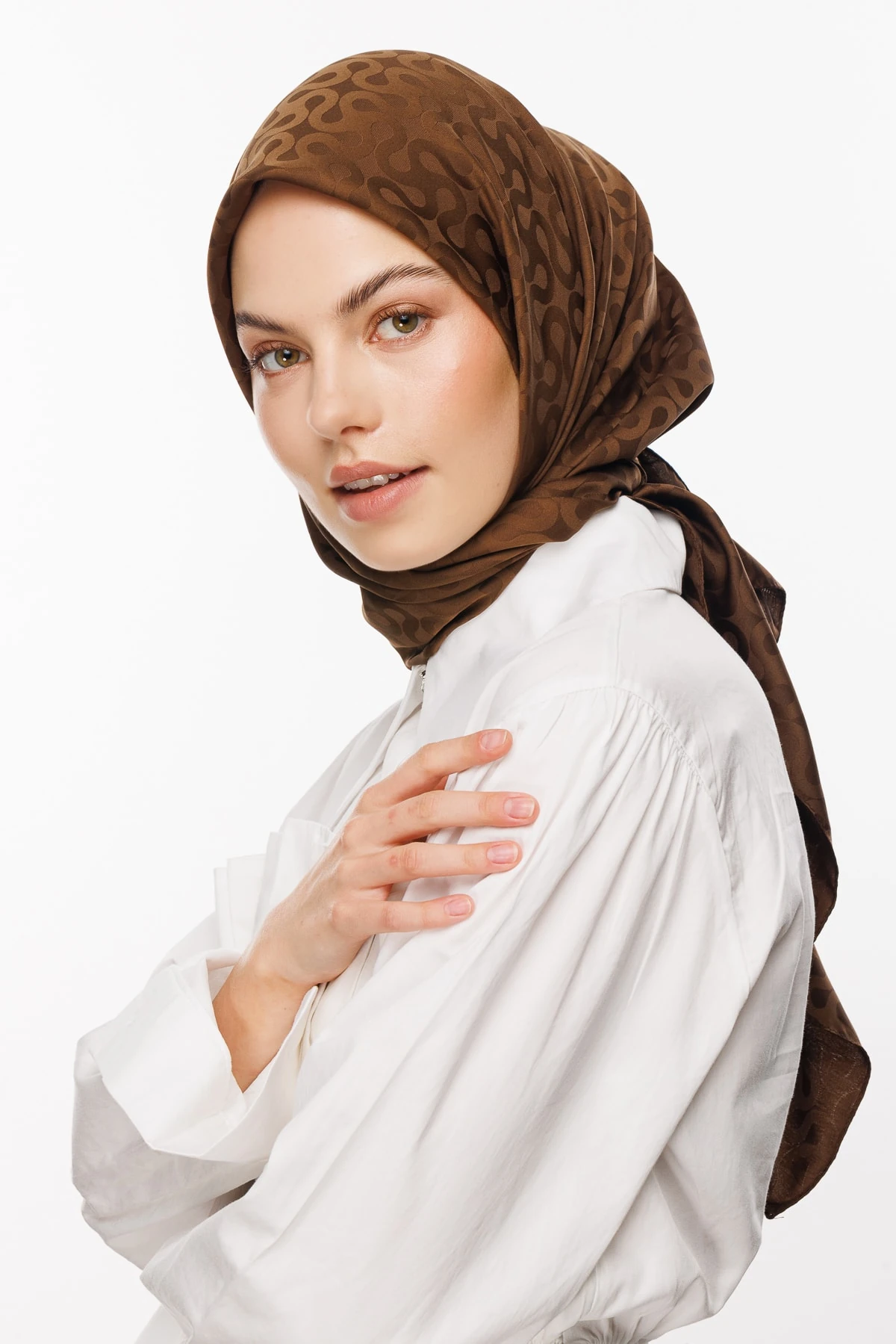 Toptan Moon Desen İpeksi Jakar Eşarp - Kahverengi