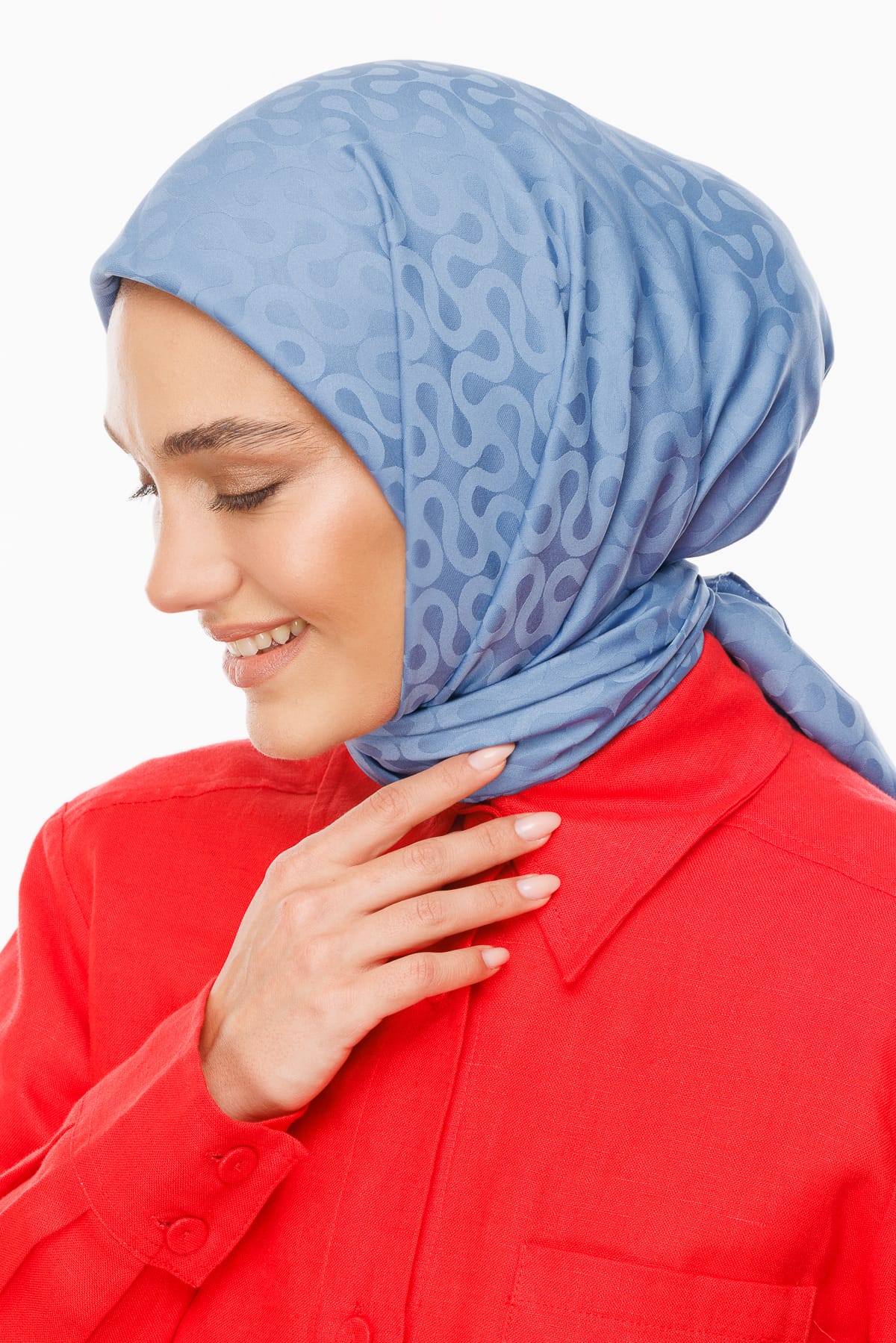 Toptan Moon Desen İpeksi Jakar Eşarp - Gök Mavisi