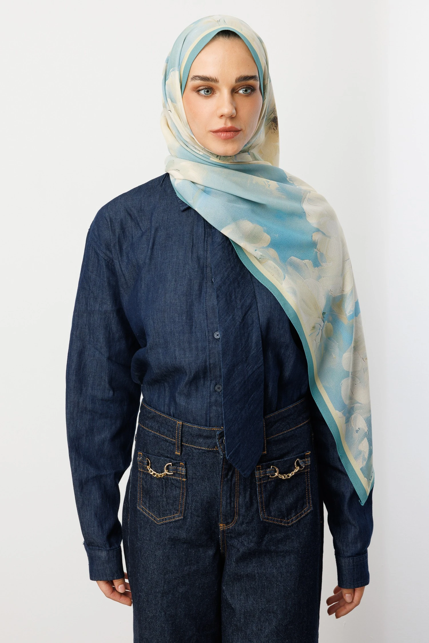 Toptan Rose Desen Hebei İpek Şal - Bebek Mavi