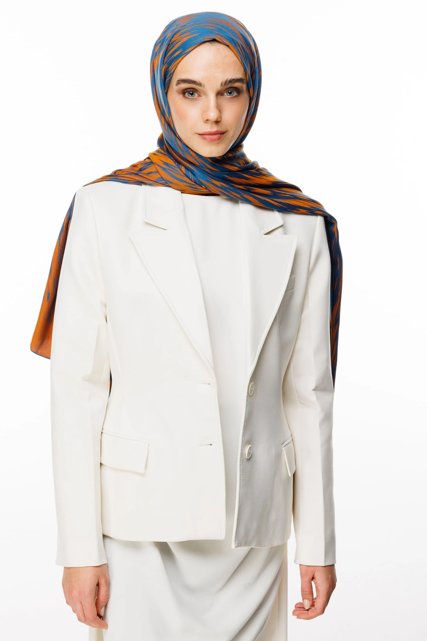 Selis-Pattern Reversible Shawl - Petrol Blue-Orange