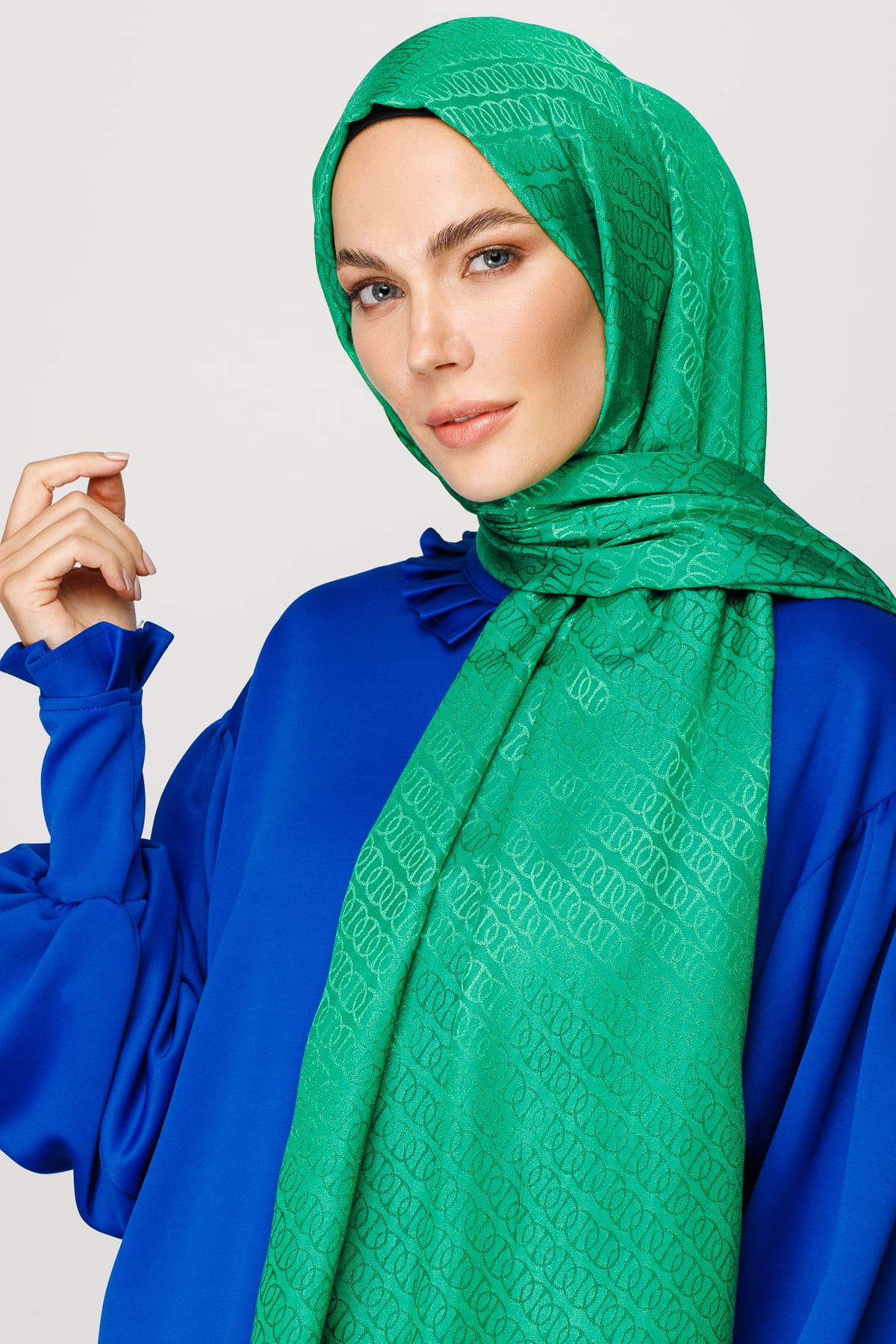 Wholesale Forever Pattern Shiny Jacquard Shawl - Benetton Green